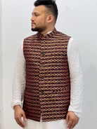 Maroon Dhaka Waistcoat With Topi - Boutique Nepal