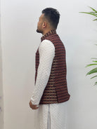 Maroon Dhaka Waistcoat With Topi - Boutique Nepal