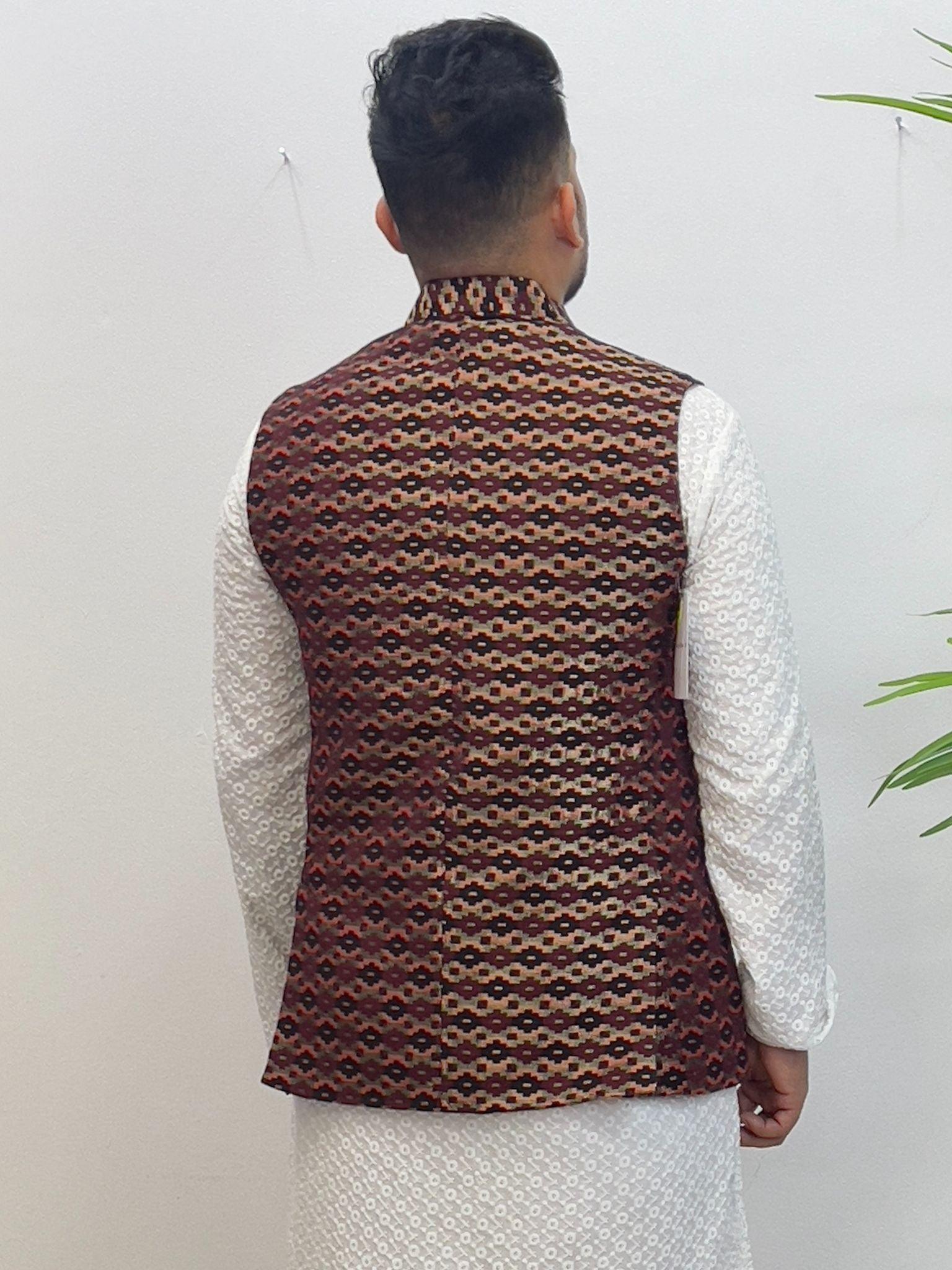 Maroon Dhaka Waistcoat With Topi - Boutique Nepal