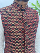 Maroon Dhaka Waistcoat With Topi - Boutique Nepal