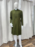 Men's Kurta Mehendi Color With Chikankari Cotton Sequin Work - Boutique Nepal Australia 