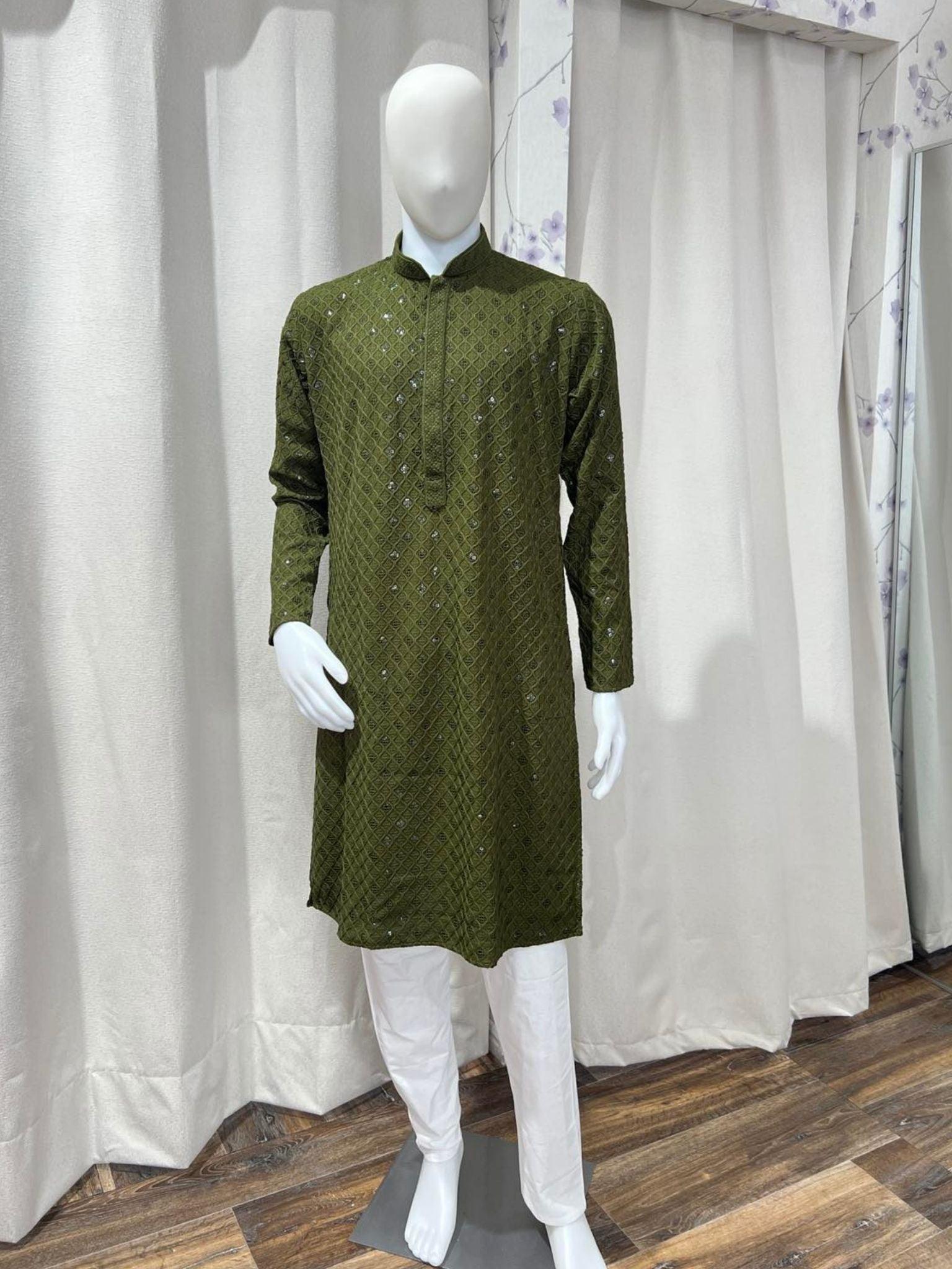 Men's Kurta Mehendi Color With Chikankari Cotton Sequin Work - Boutique Nepal Australia 