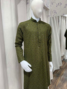 Men's Kurta Mehendi Color With Chikankari Cotton Sequin Work - Boutique Nepal Australia 