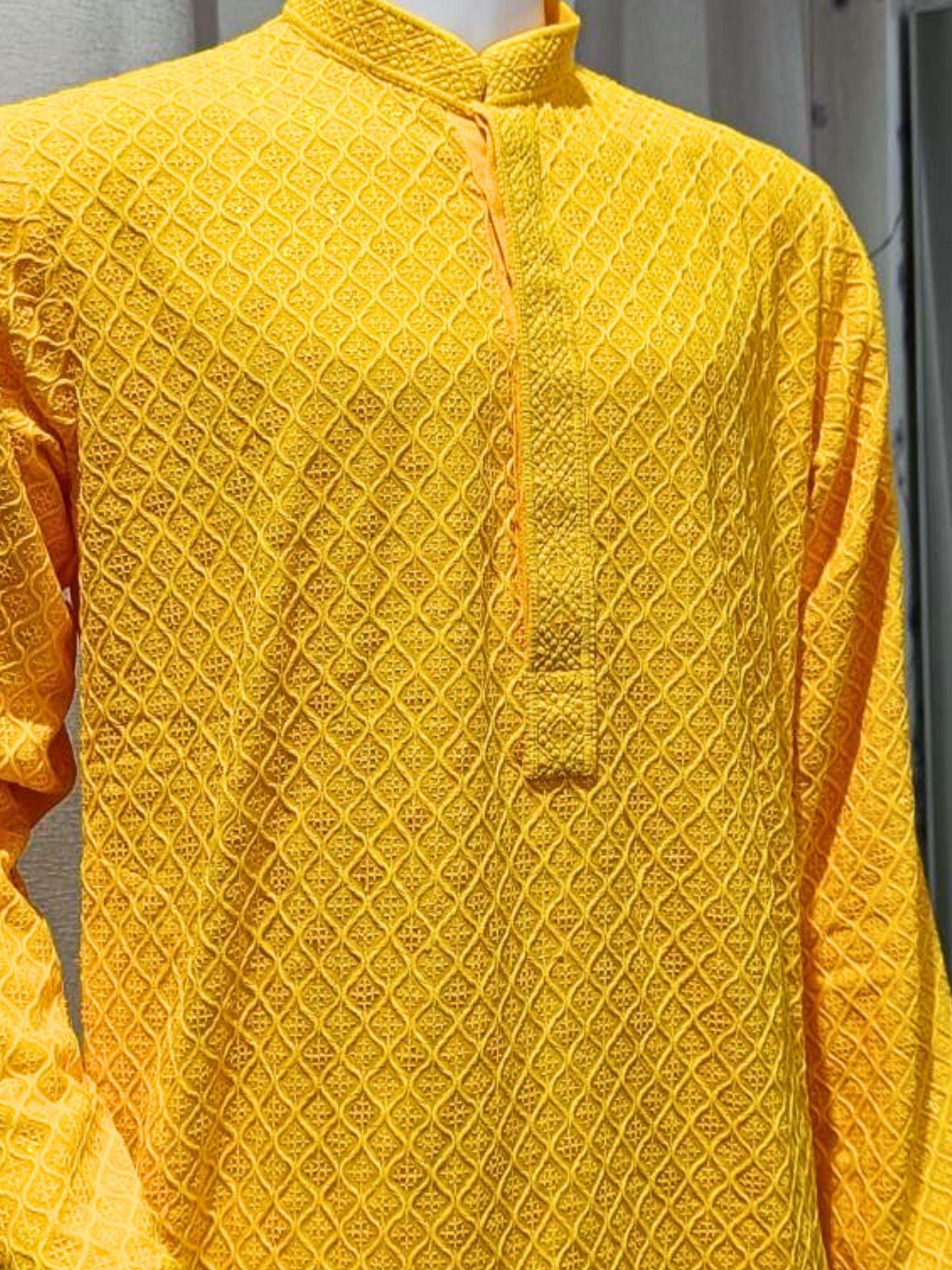 MEN'S KURTA Set CHIKANKARI WORK Yellow - Boutique Nepal