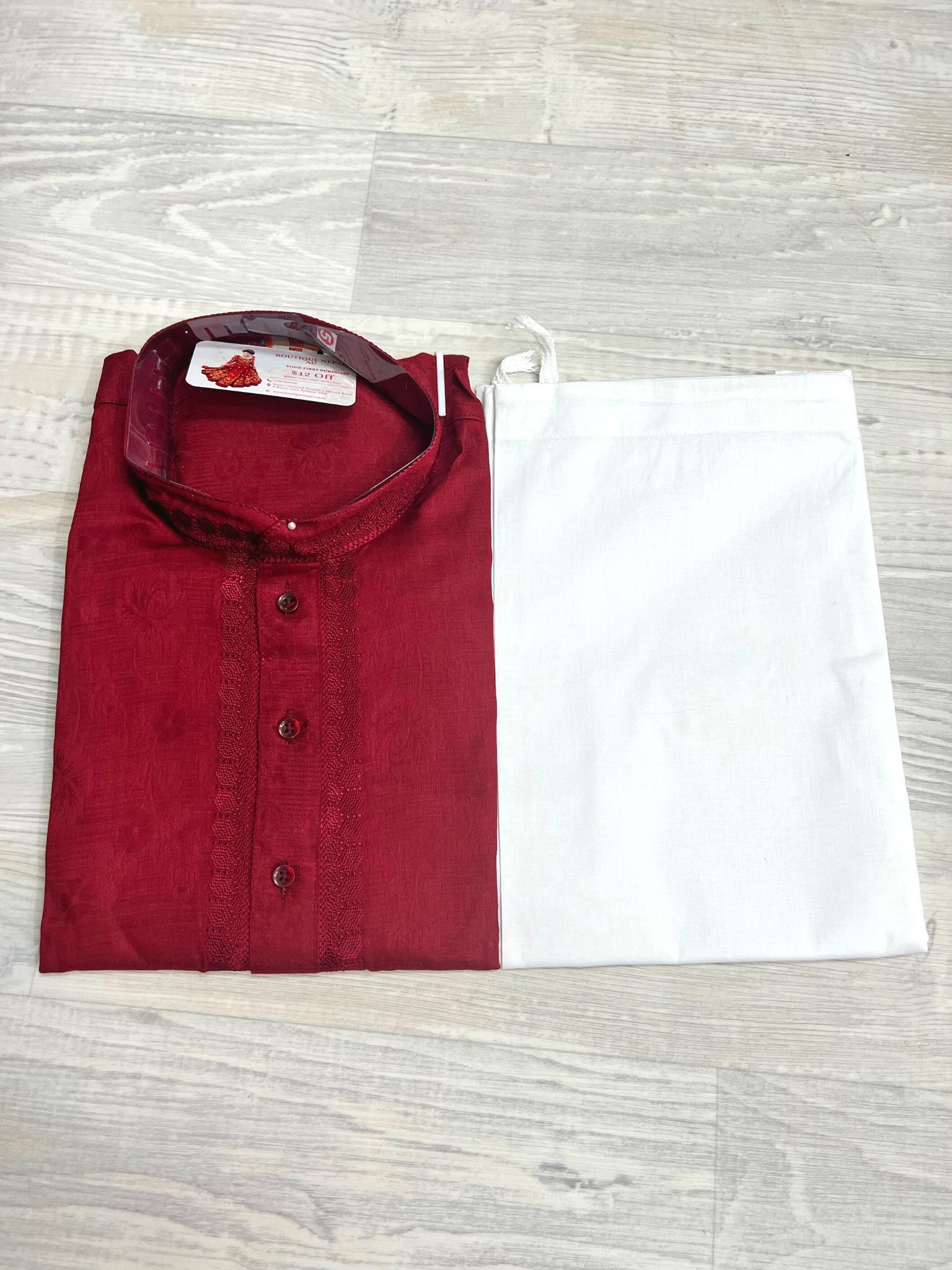 Mens Cotton Kurta In Maroon - Boutique Nepal