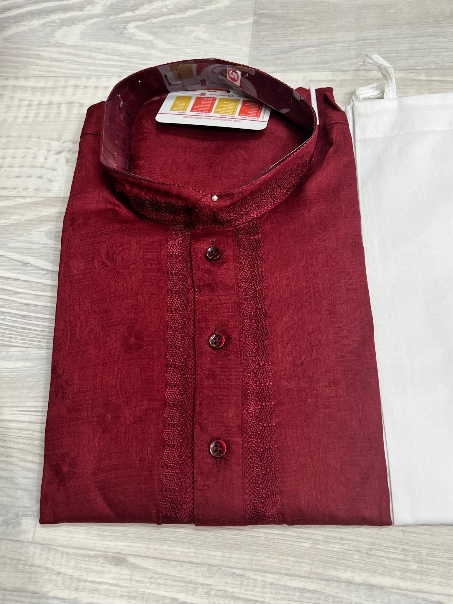 Mens Cotton Kurta In Maroon - Boutique Nepal