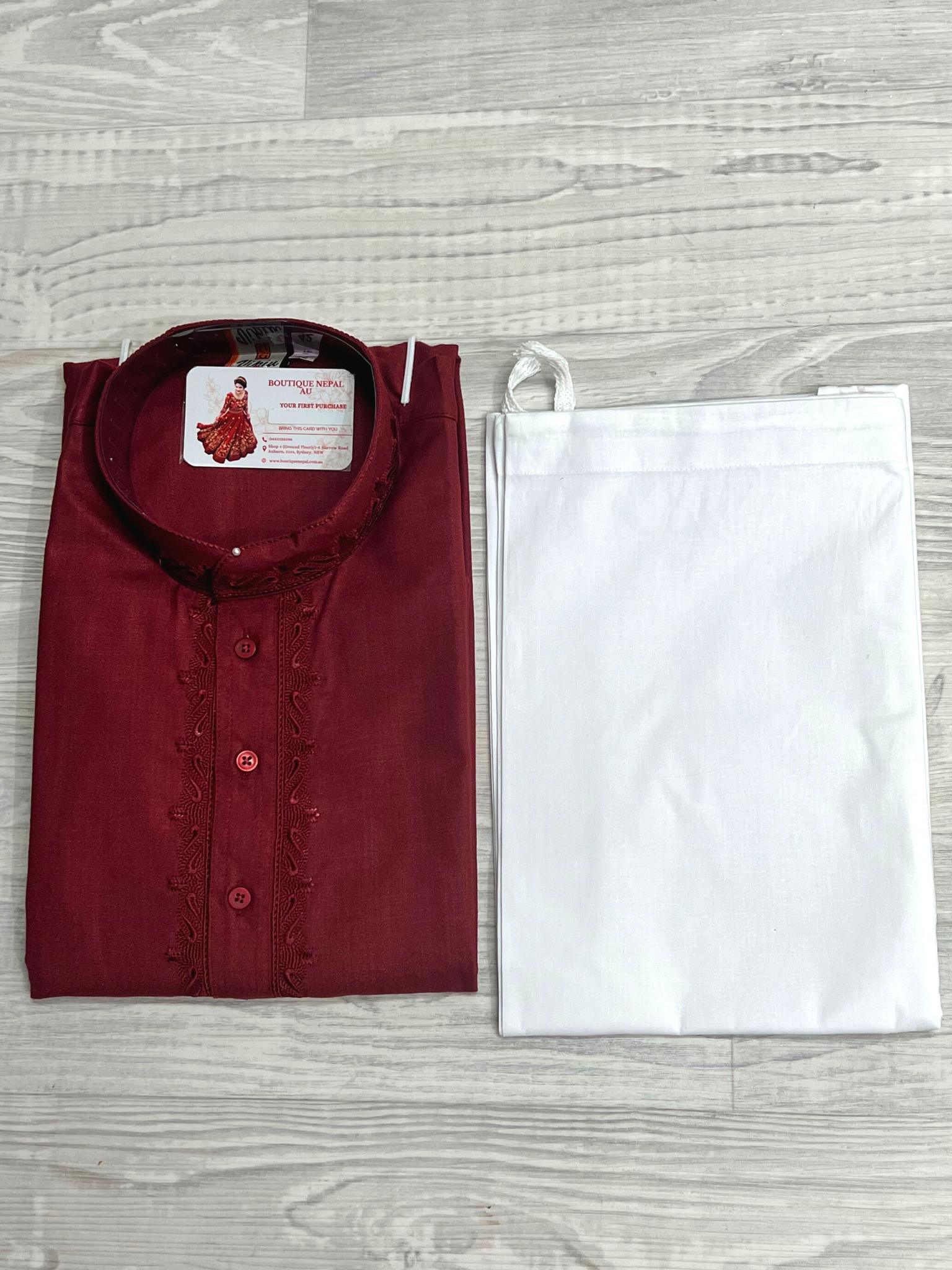 Mens Cotton Kurta In Maroon - Boutique Nepal