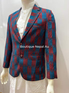 Mens Dhaka Blazer In red and Blue - Boutique Nepal