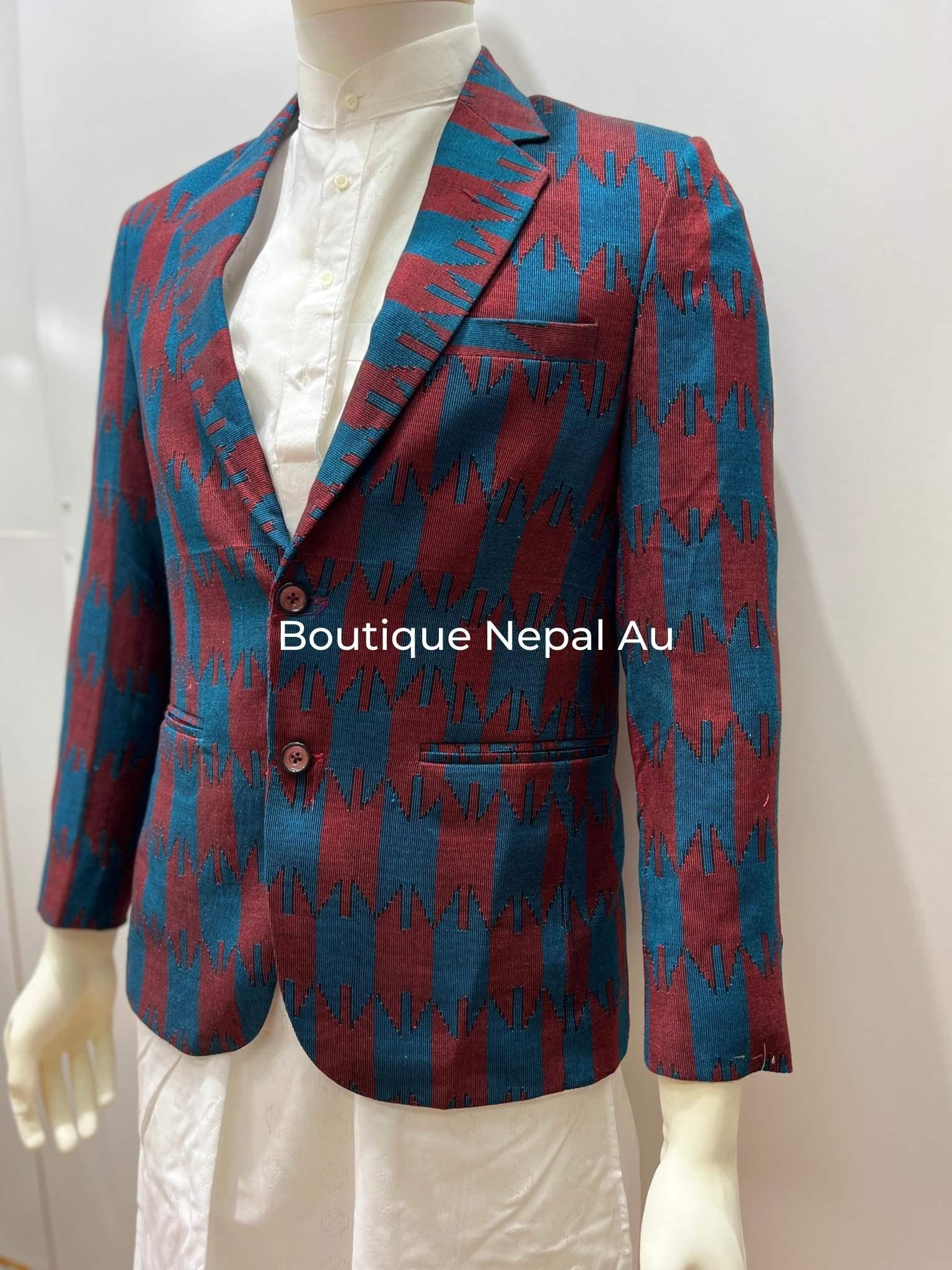 Mens Dhaka Blazer In red and Blue - Boutique Nepal Au