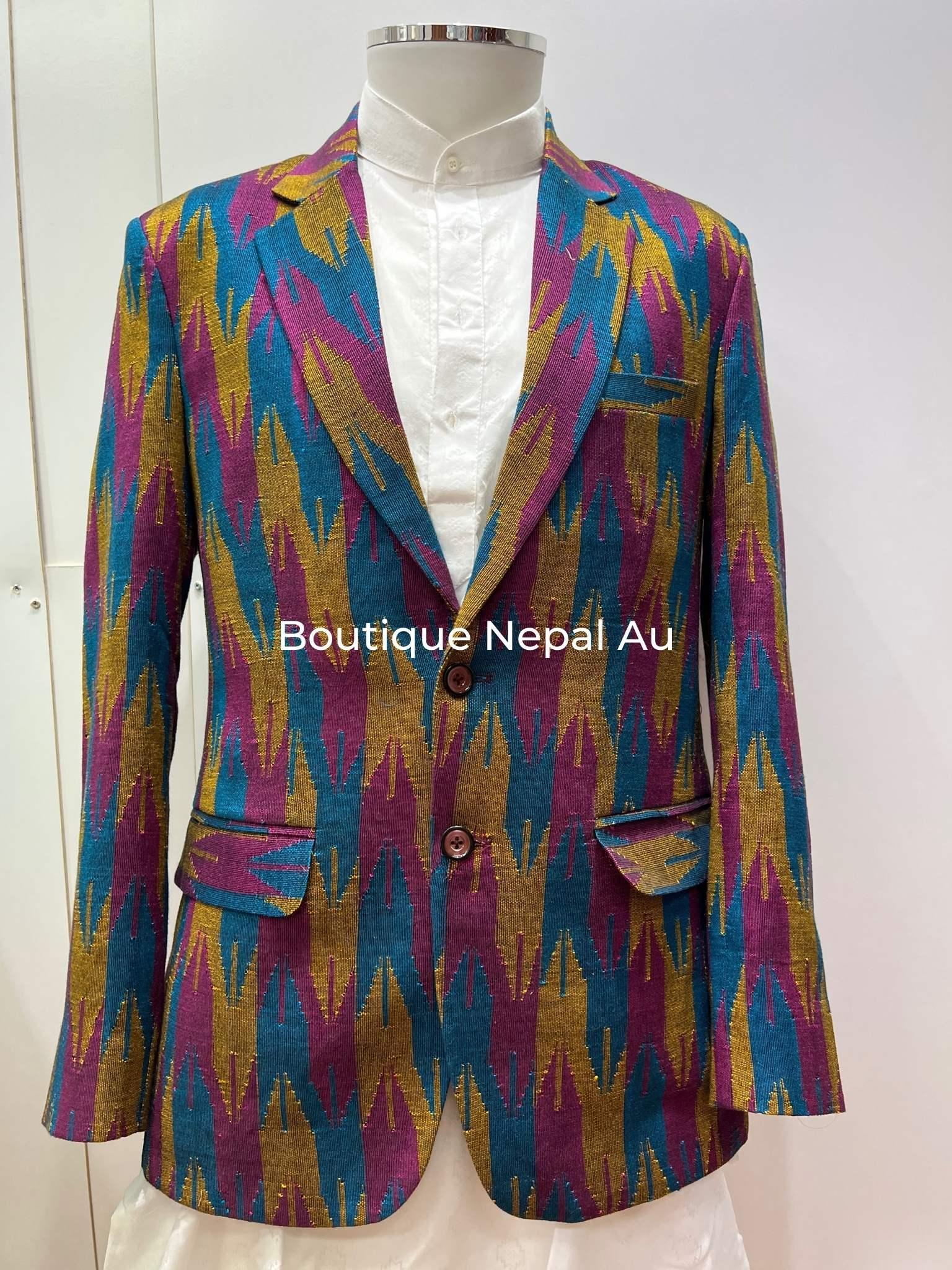 Mens Dhaka Blazer In Red and Yellow - Boutique Nepal Au