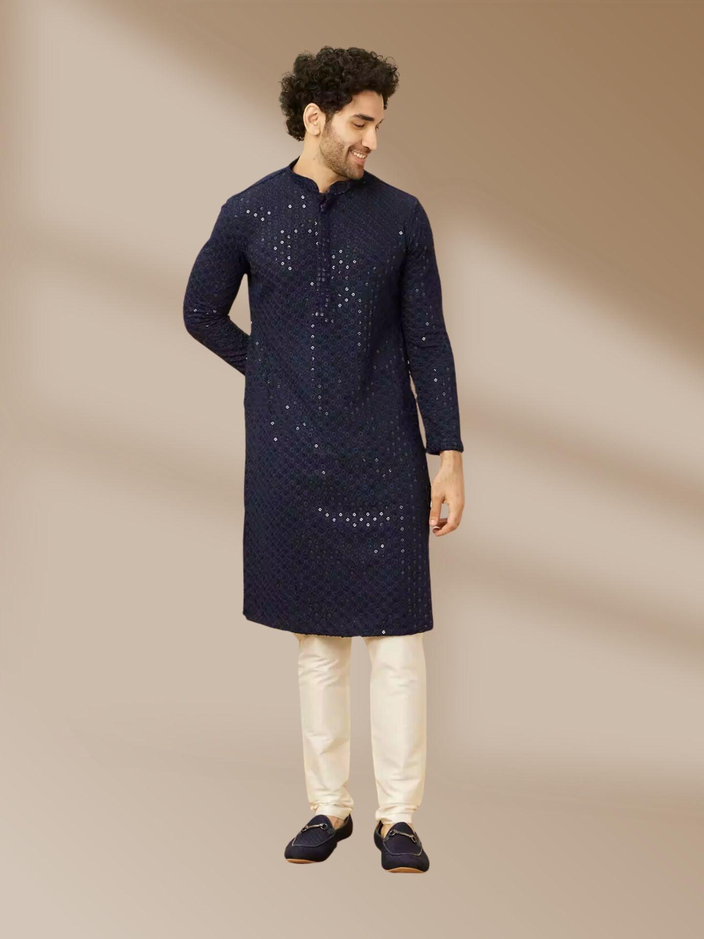 Mens Kurta Rayon Sequin Work In Black - Boutique Nepal