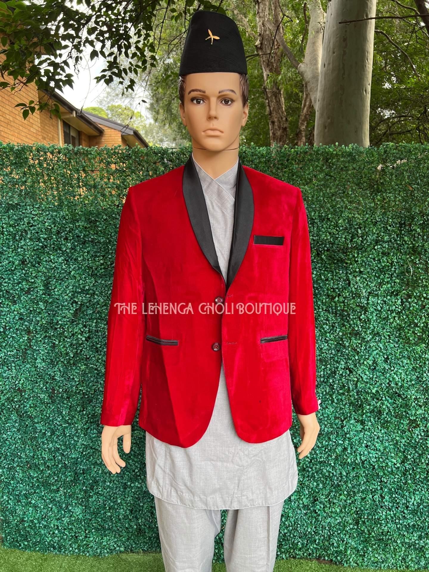 Mens Velvet Blazer In Red - Boutique Nepal