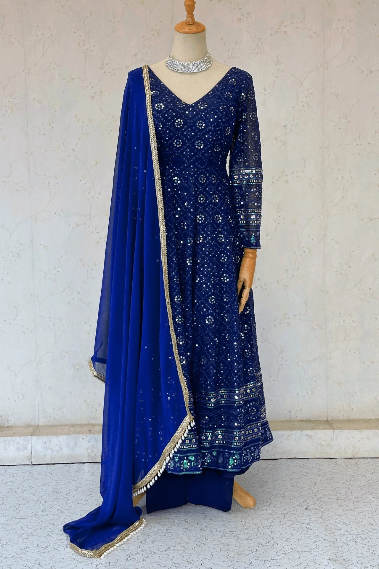 Navyblue Sequence Work Anarkali Kurta Set - Boutique Nepal