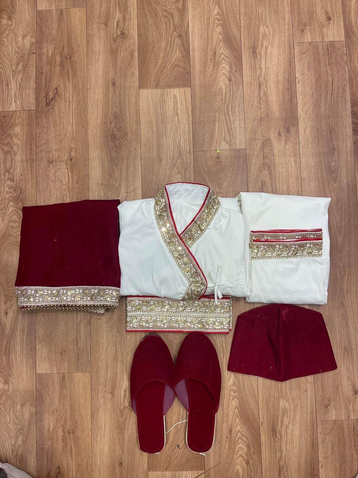 Nepali Mens Wedding Dress with Golden-Red Border - Boutique Nepal