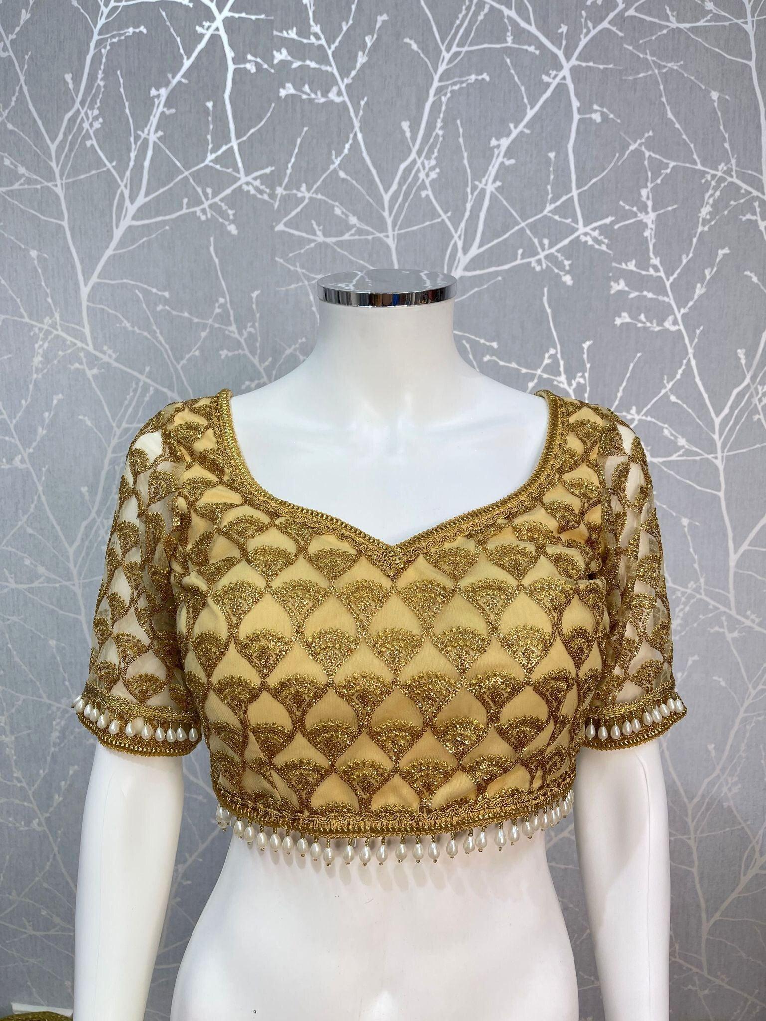 Net Blouse with Pearl In Gold - Boutique Nepal Au