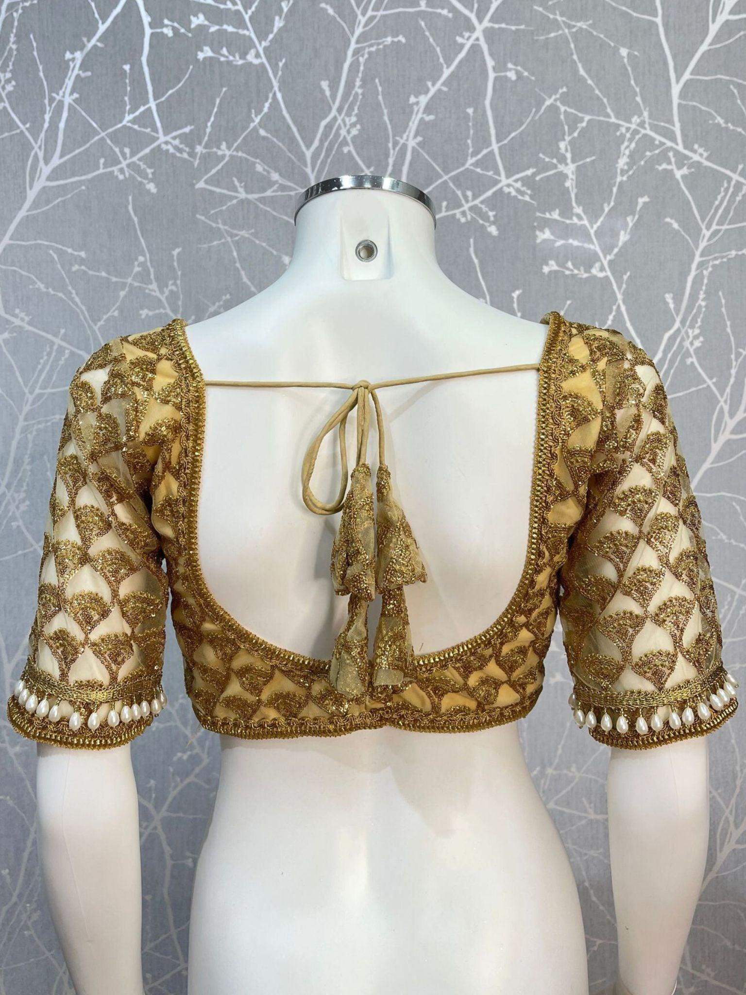 Net Blouse with Pearl In Gold - Boutique Nepal Au