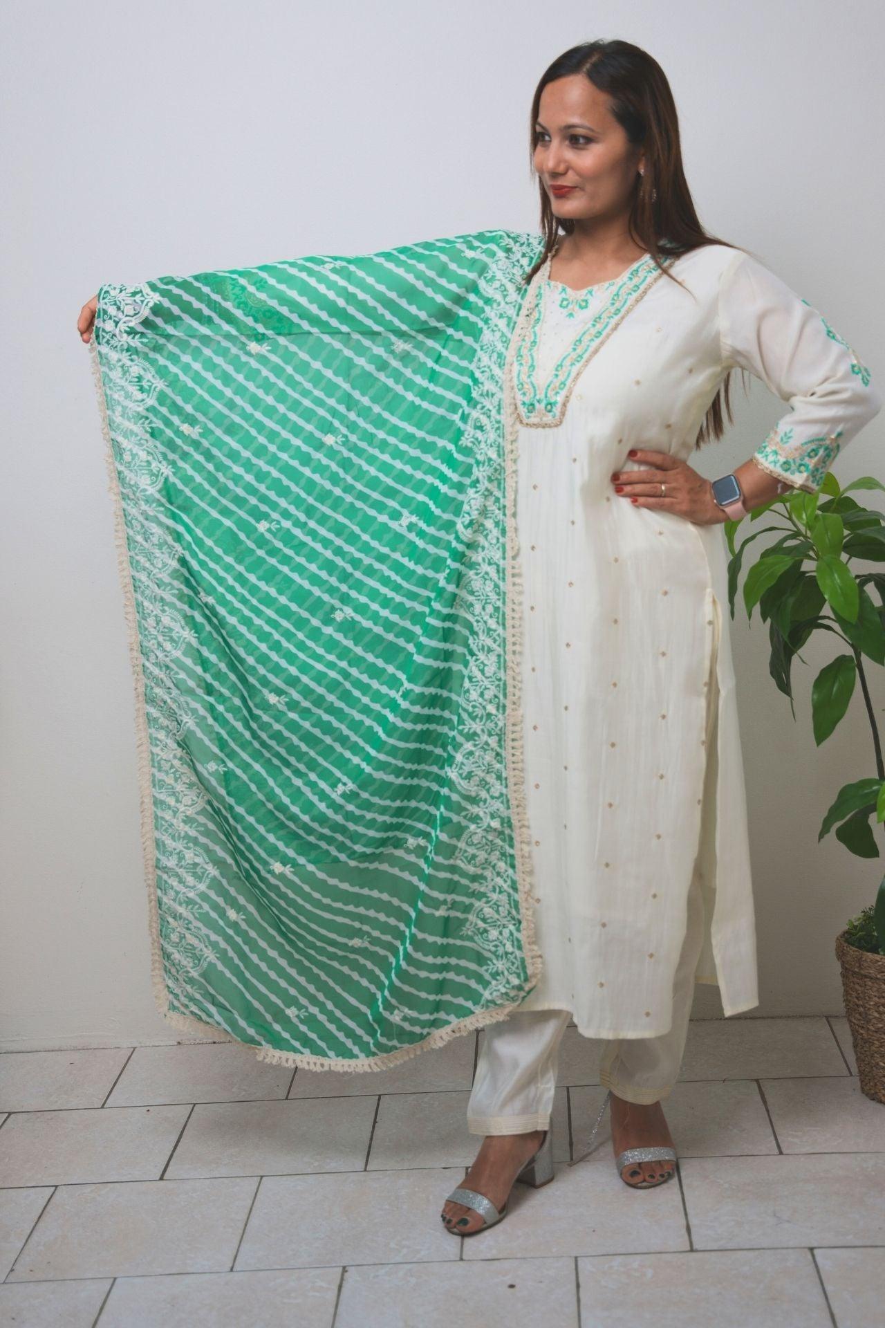 Off White Cotton Silk Kurta Set With Dupatta - Boutique Nepal