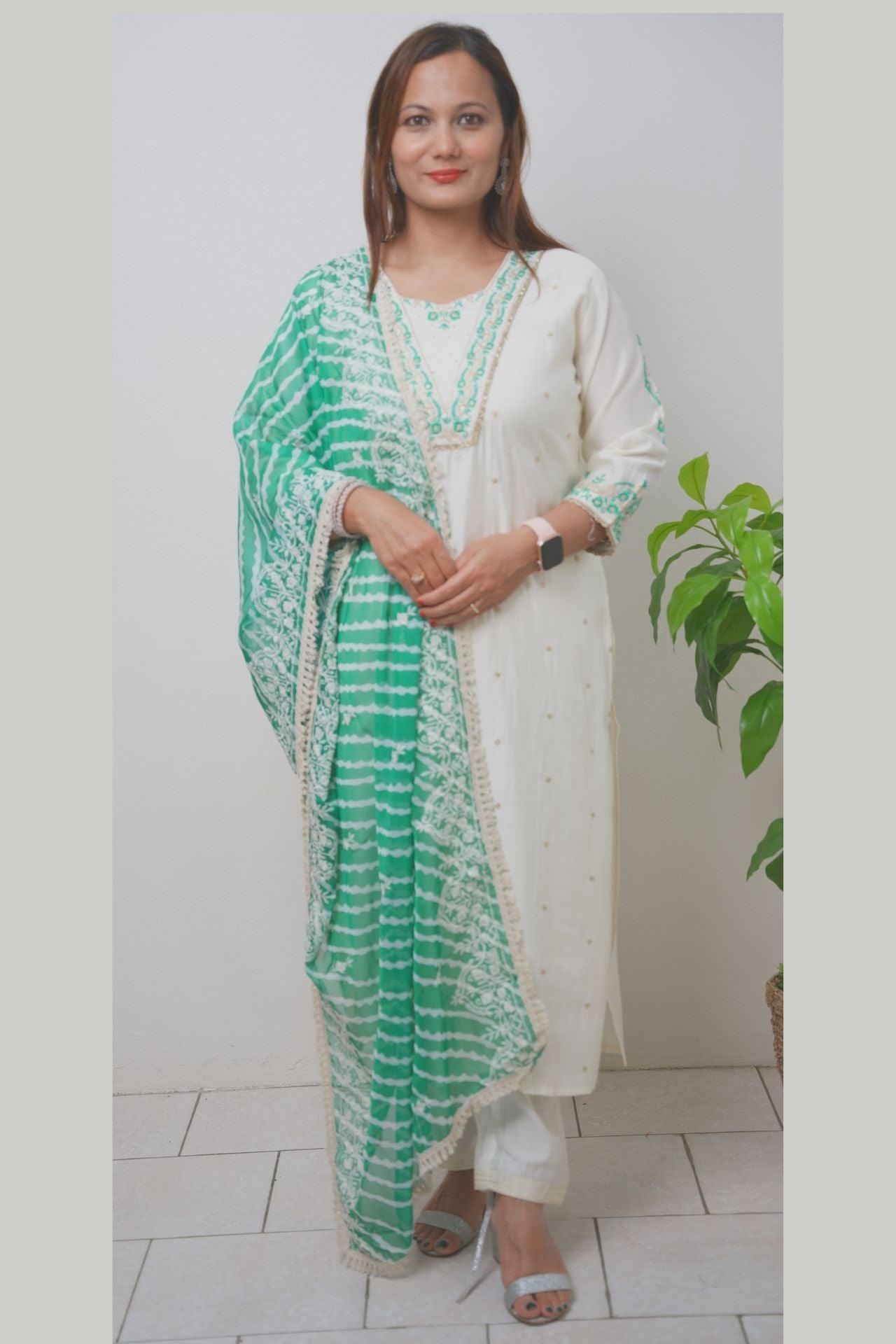 Off White Cotton Silk Kurta Set With Dupatta - Boutique Nepal