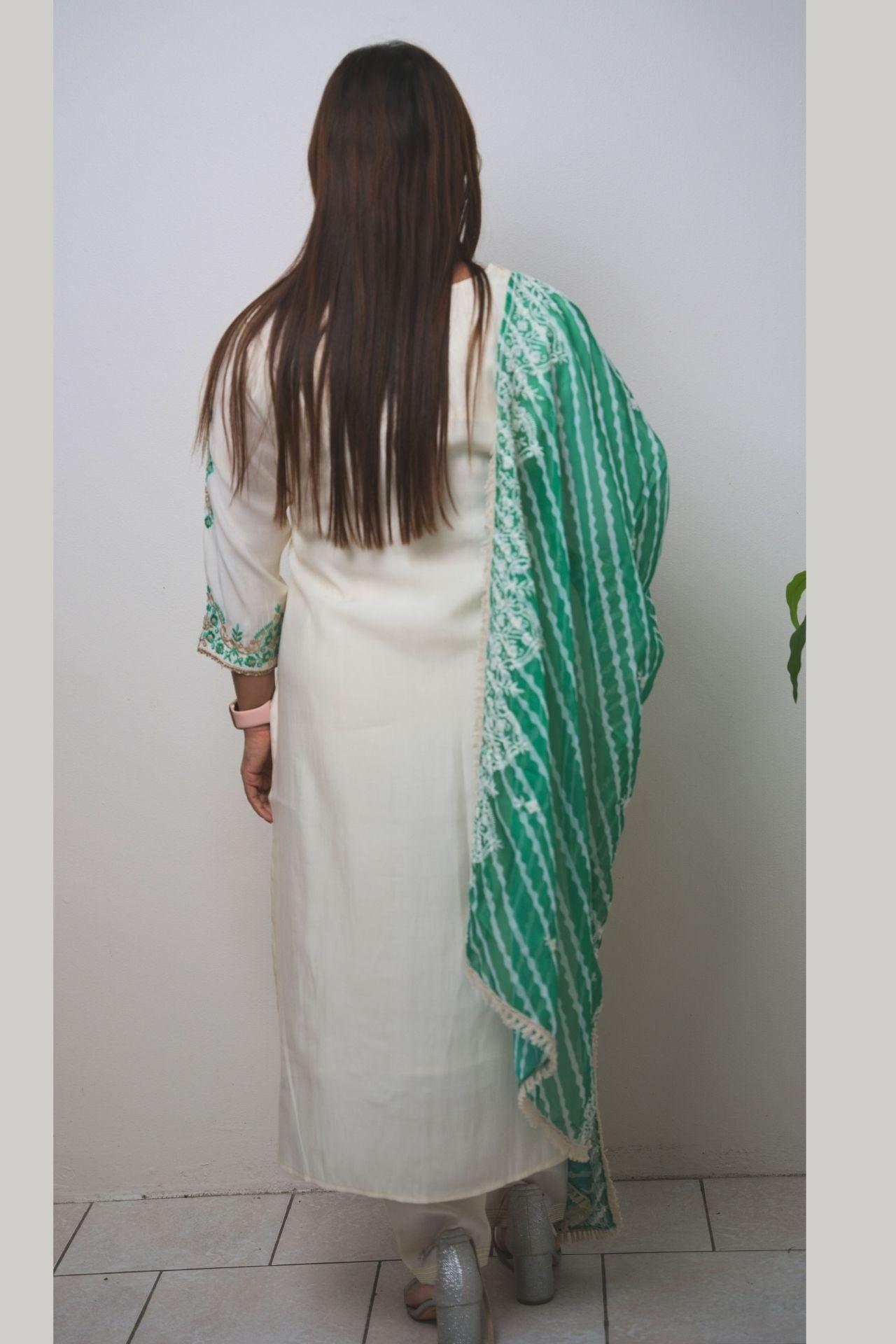 Off White Cotton Silk Kurta Set With Dupatta - Boutique Nepal