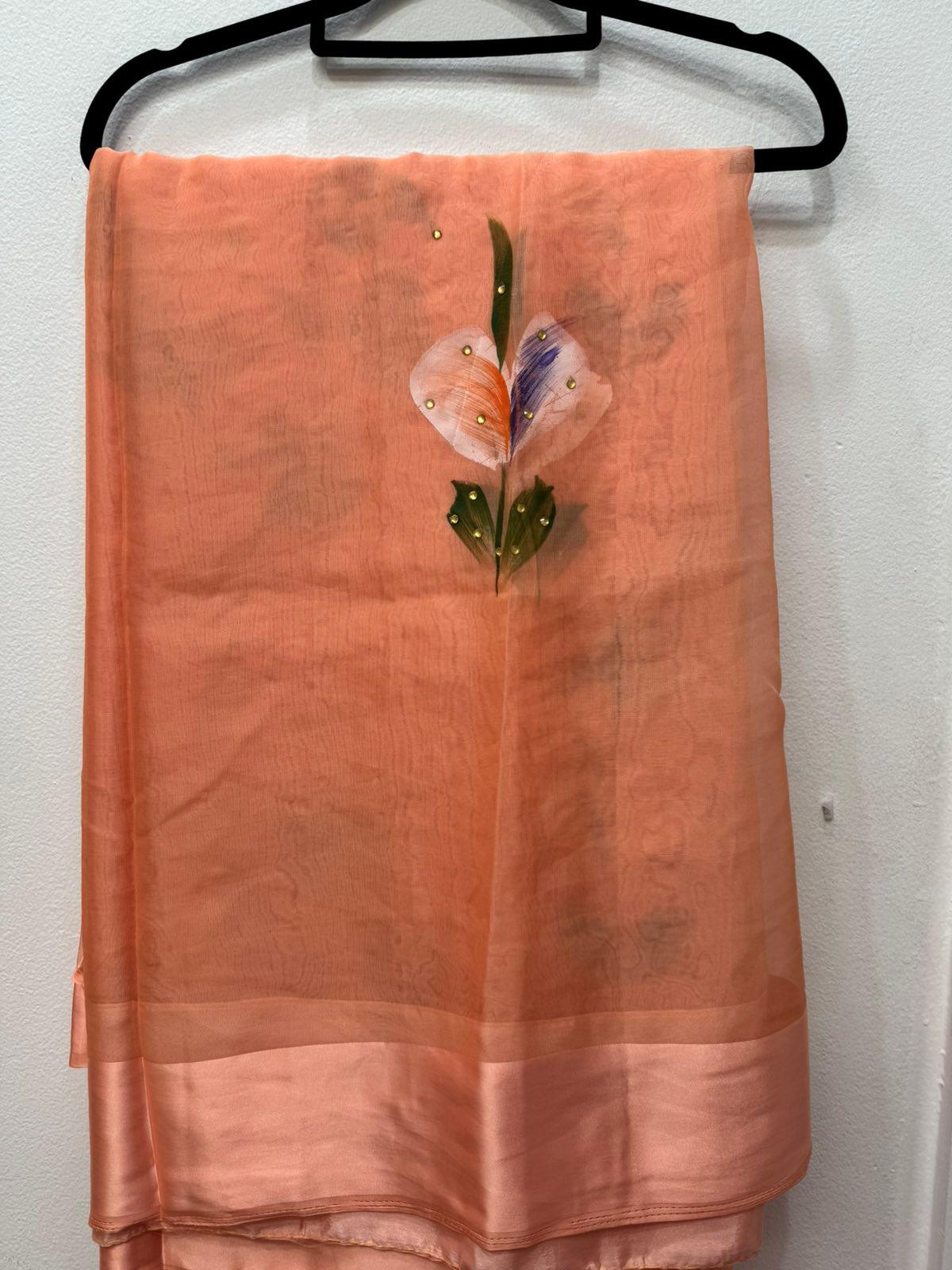 Organza Saree Brush Paint In Peach - Boutique Nepal