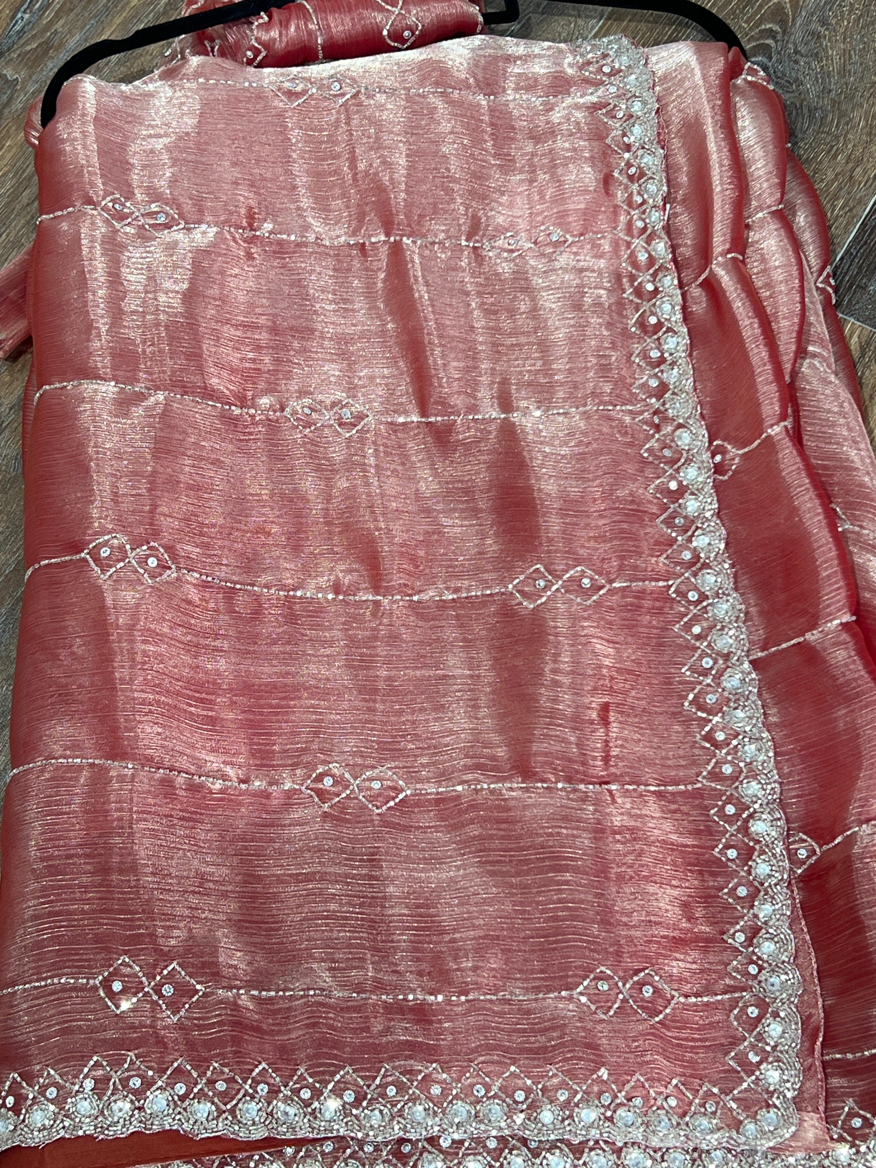 Organza Silk Saree In Peach - Boutique Nepal