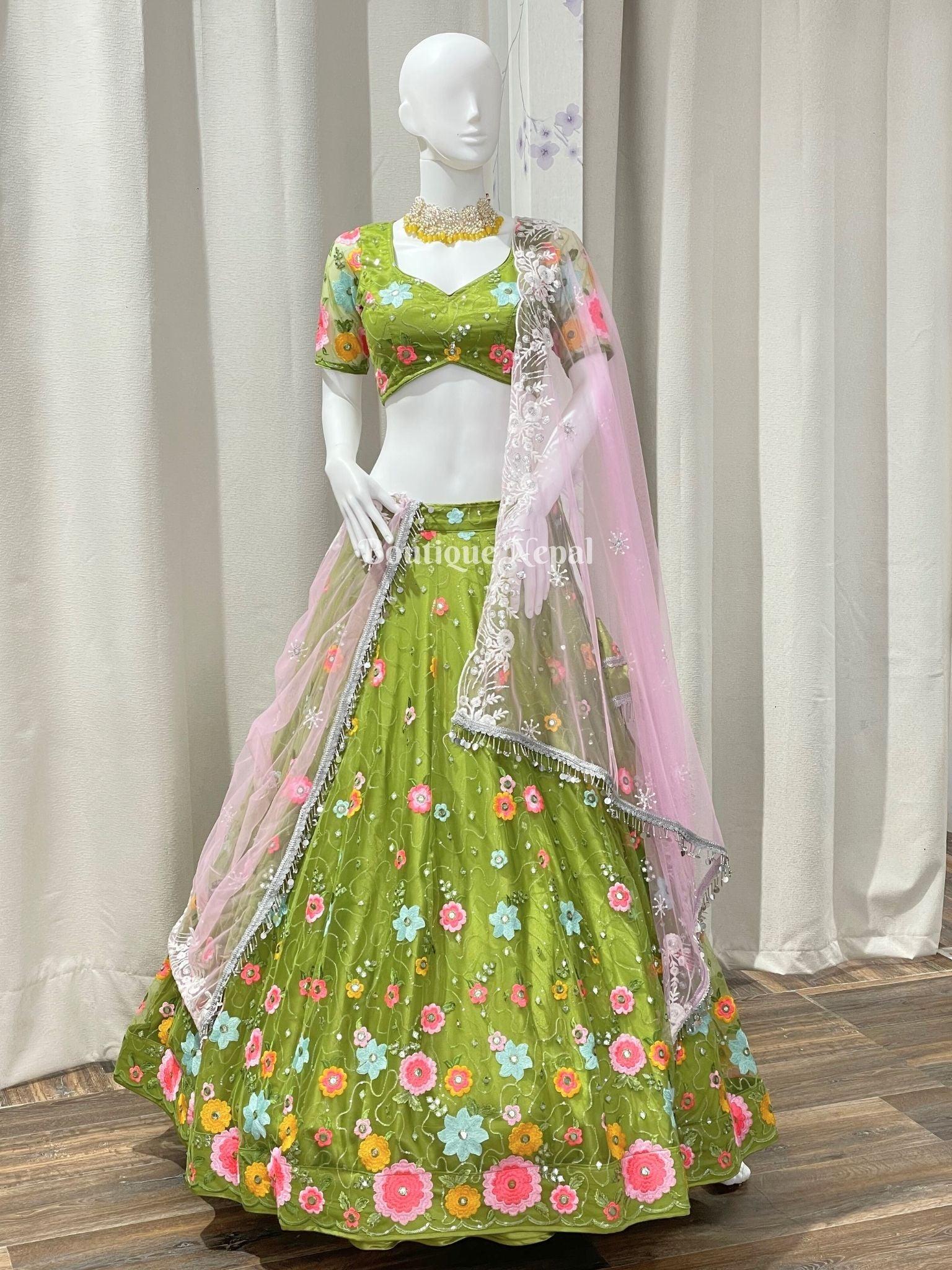 Parrot-green thread embroidery satin semi stitched lehenga - MESMORE -  3807366
