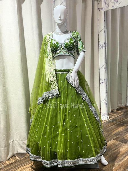 Superb Light Green Thread Embroidery Festive Wear Lehenga Ch