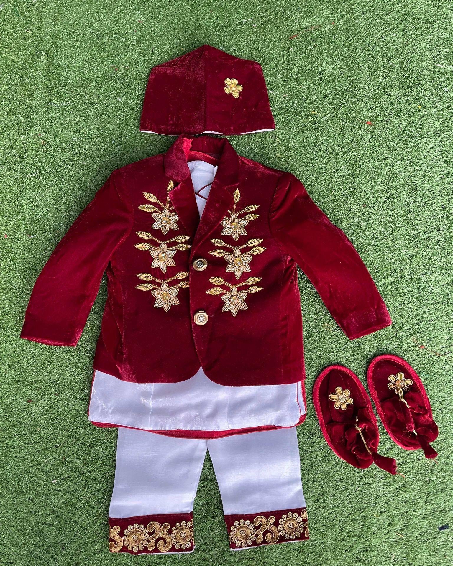 Pasni Baby Boy Handwork Coat Set In Maroon - Boutique Nepal Au