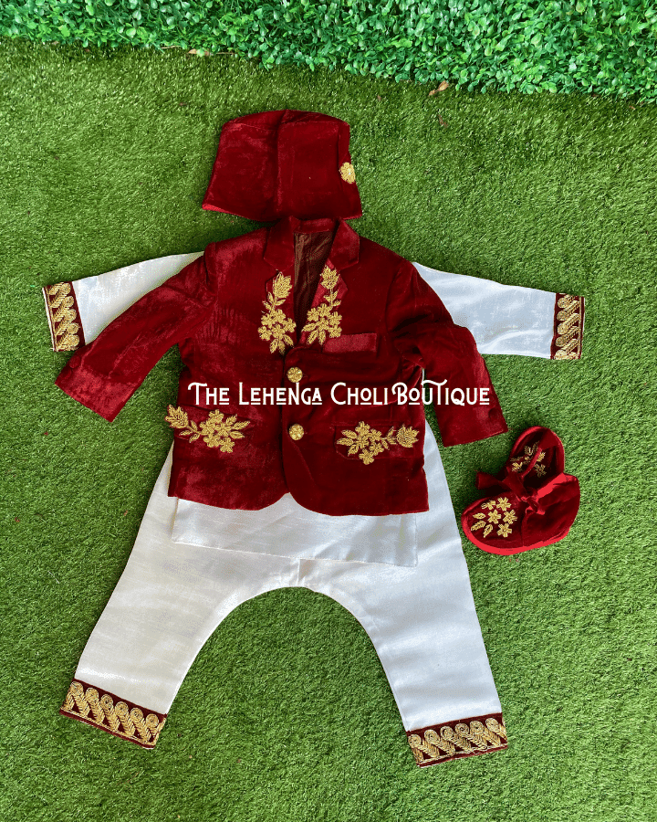 Pasni Baby Boy Handwork Coat Set In Maroon