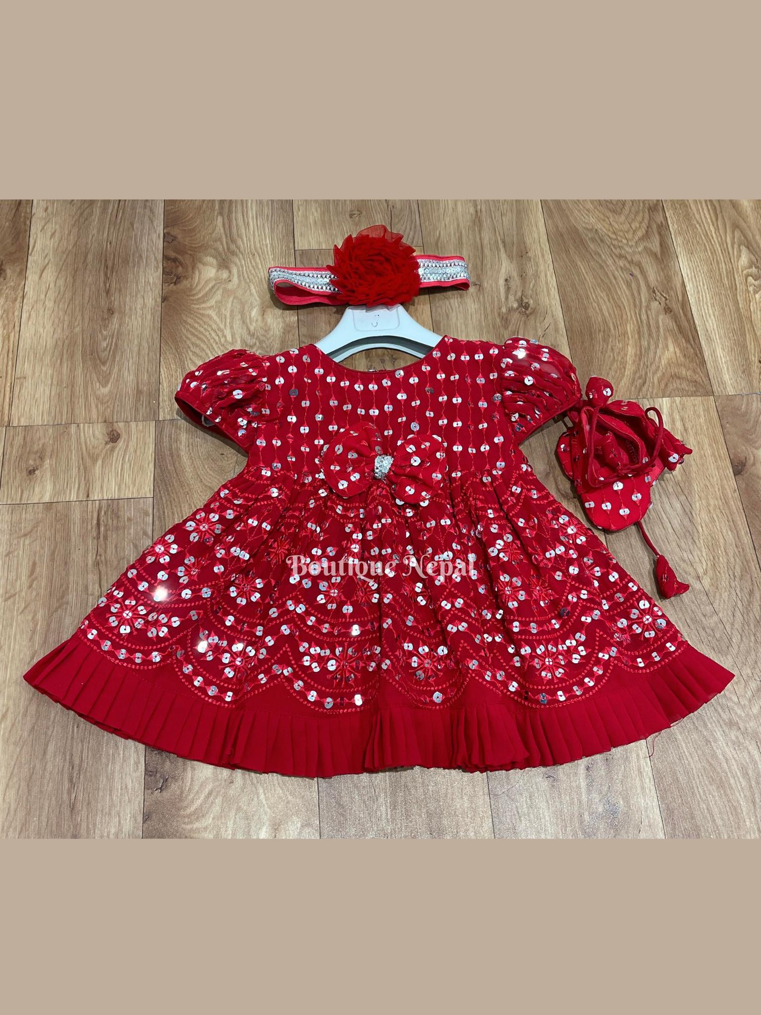 Pasni Dress for Baby Girls In Red - Boutique Nepal