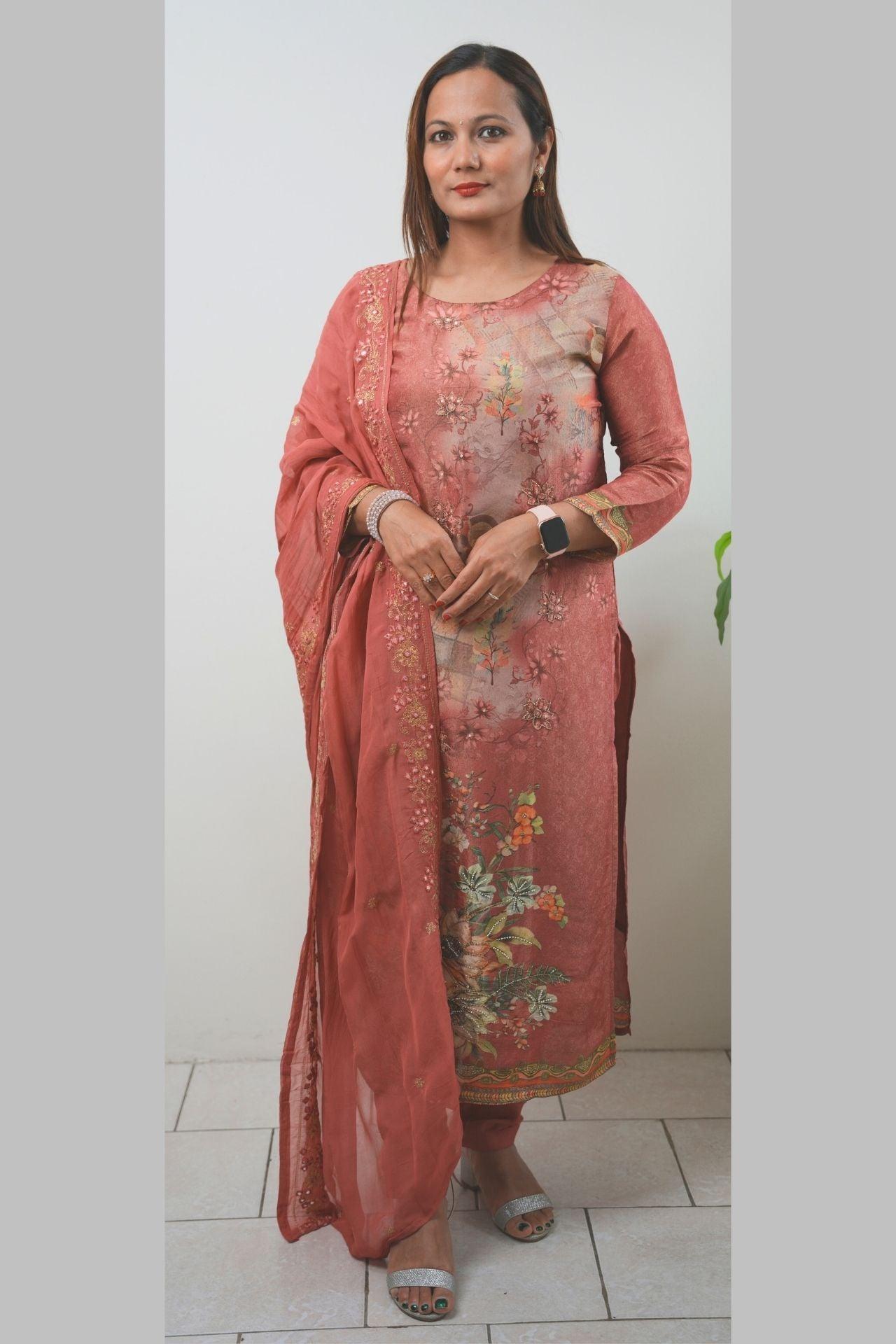 Peach Hand Embroidered Kurta Set - Boutique Nepal