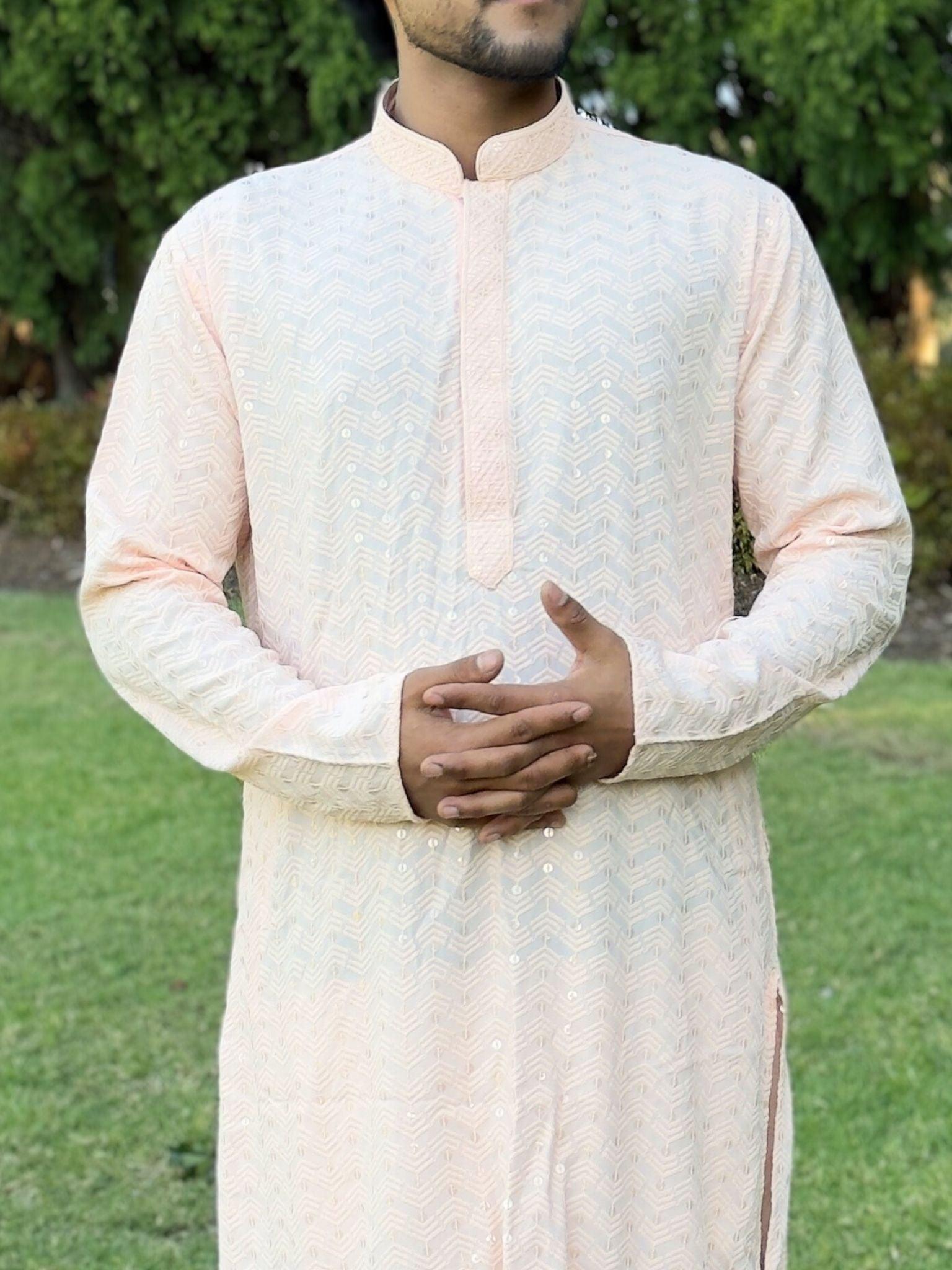 Peach Mens Chikankari Kurta Set - Boutique Nepal