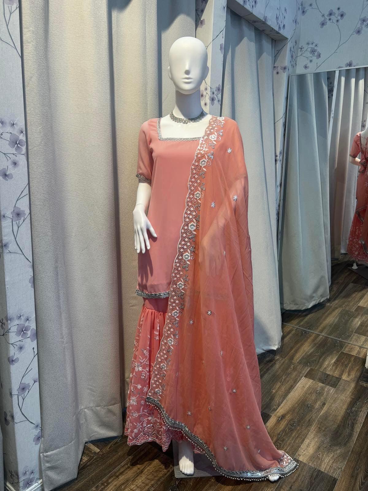 Peach Three Piece Designer Kurthi Plazo Set - Boutique Nepal