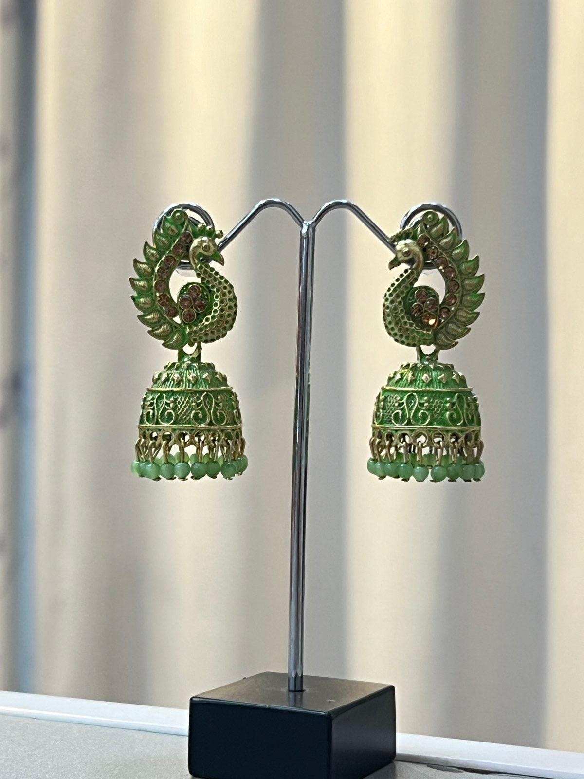 Peacock Jhumki Earring in Green - Boutique Nepal