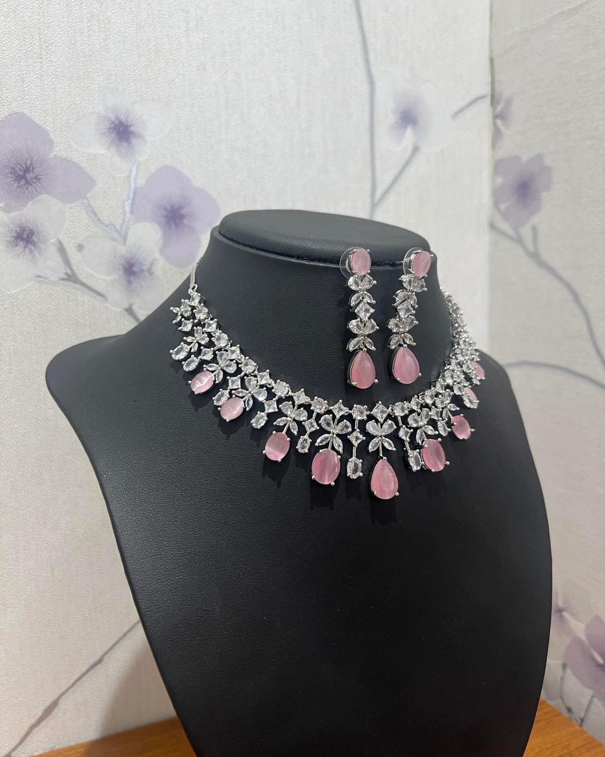 Pink American Diamond Necklace Set - Boutique Nepal