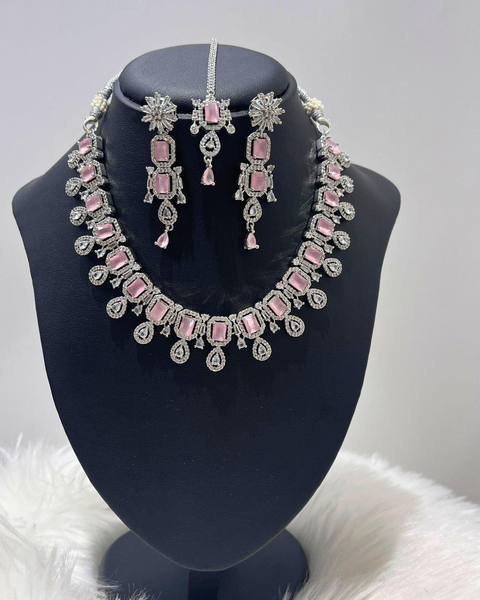 Pink American Diamond Necklace Set - Boutique Nepal Au