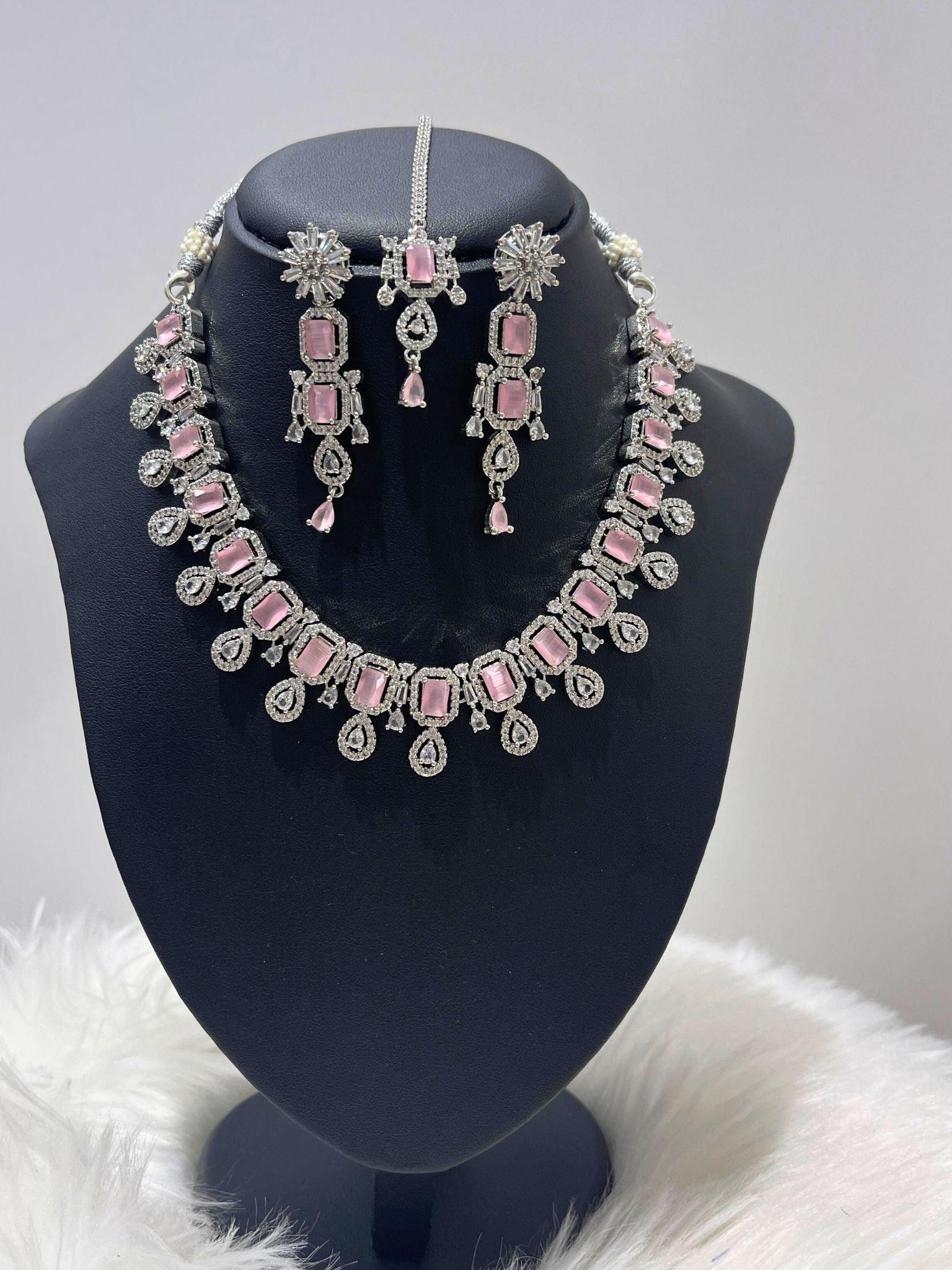 Pink American Diamond Necklace Set - Boutique Nepal