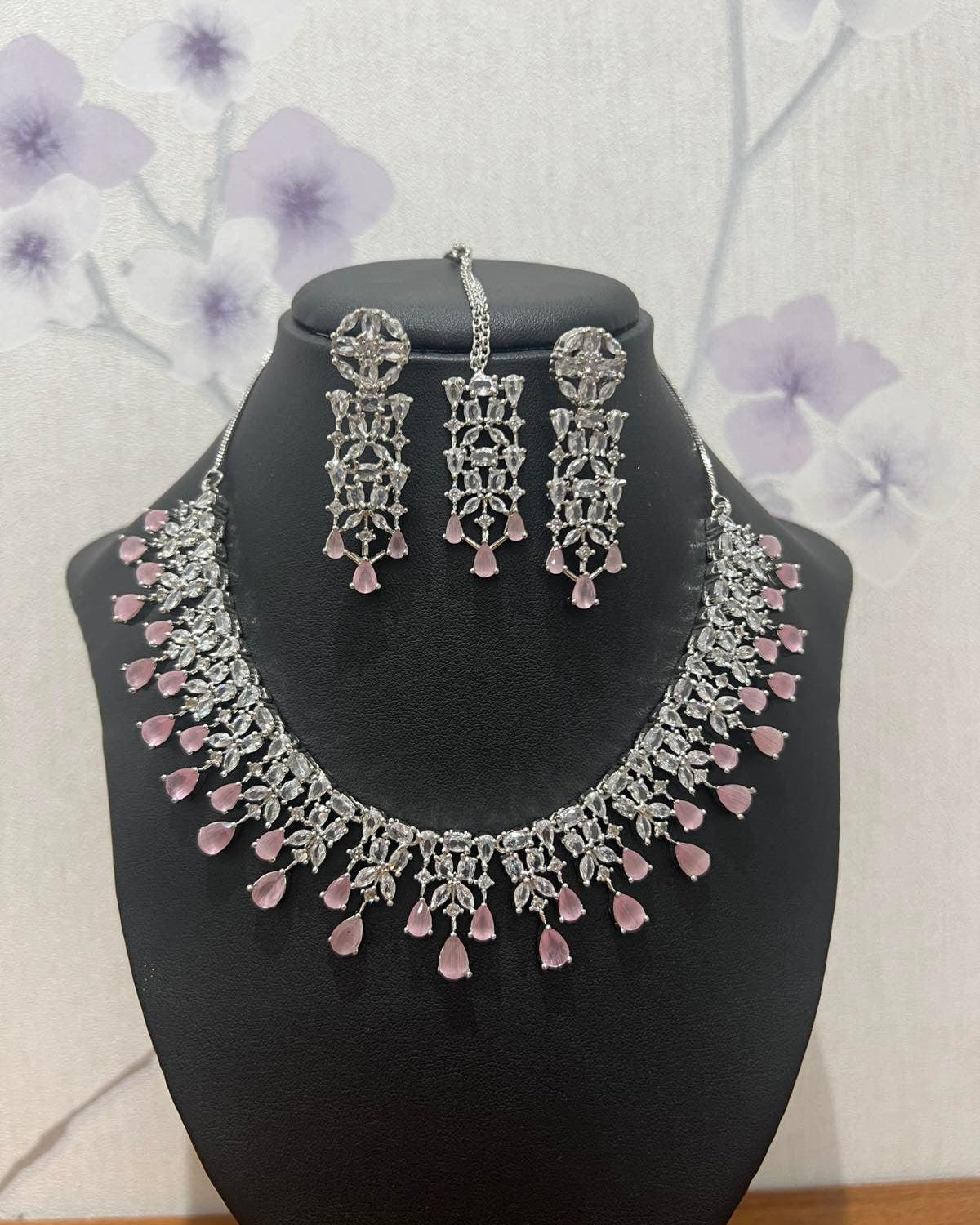 Pink American Diamond Necklace Set with Bindi - Boutique Nepal