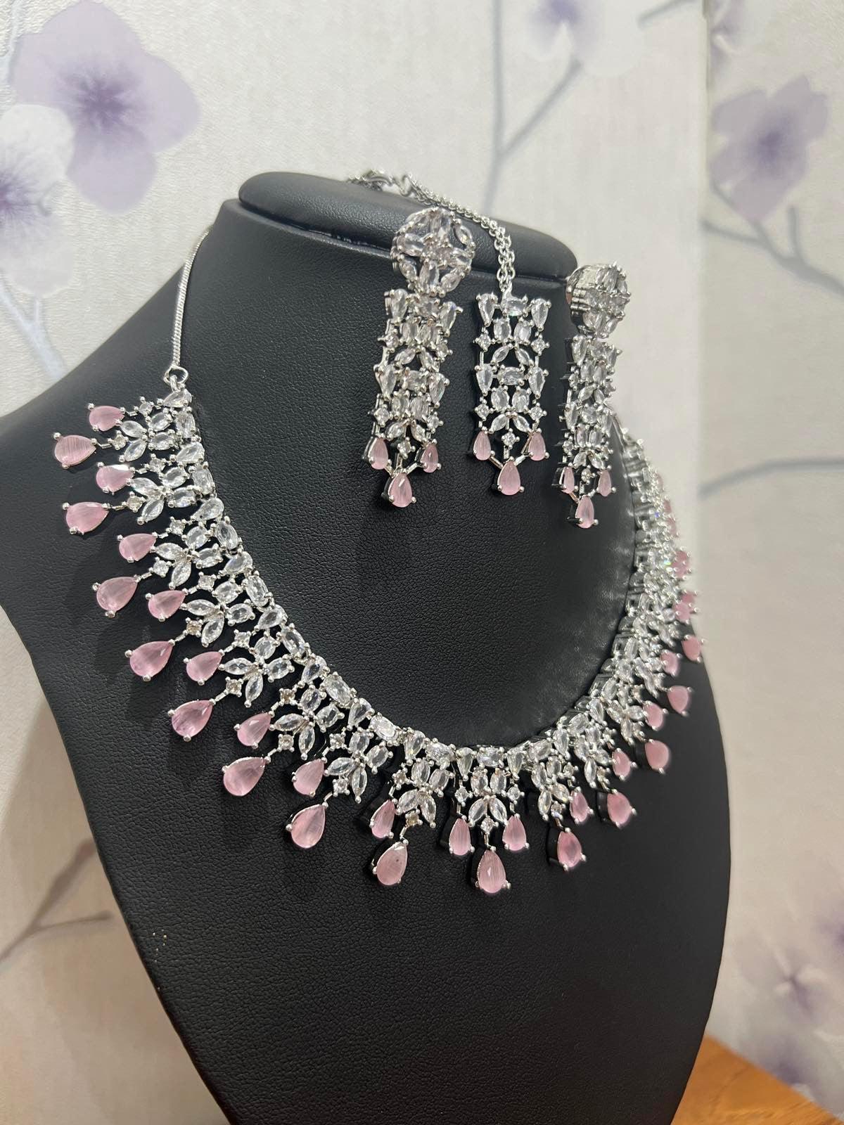 Pink American Diamond Necklace Set with Bindi - Boutique Nepal