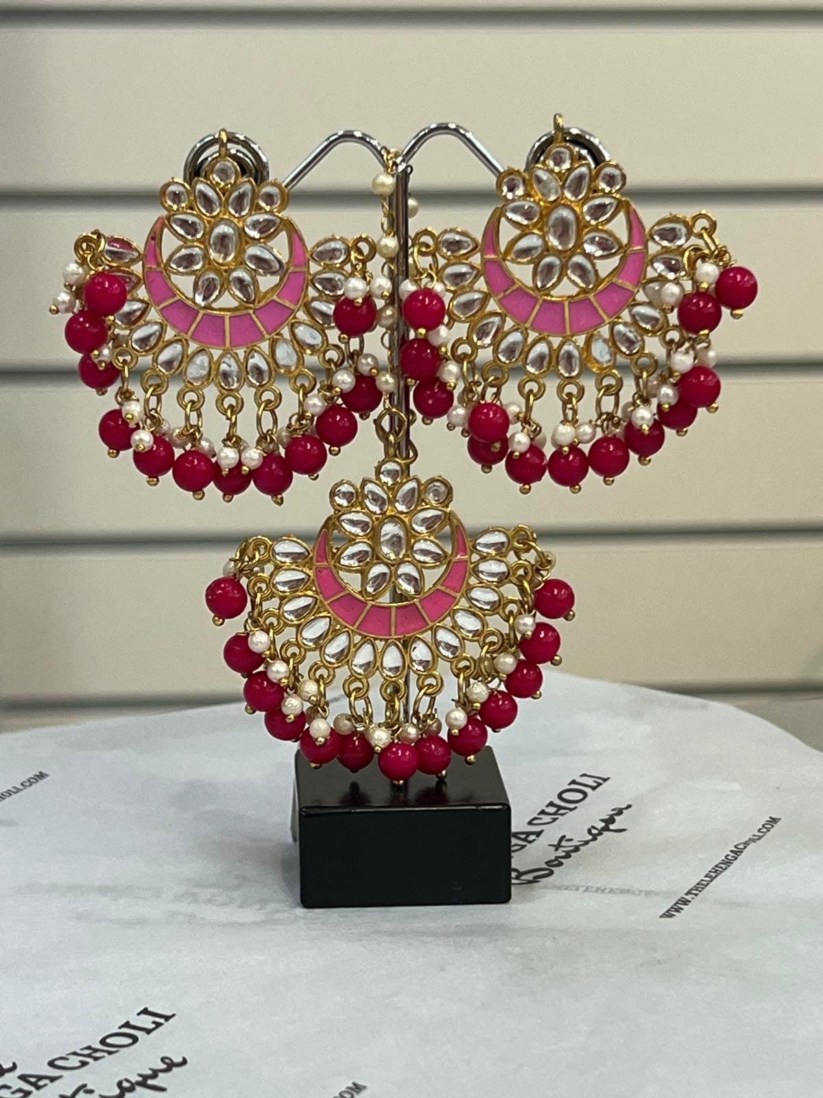 Pink Jhumki Earring with Bindi - Boutique Nepal