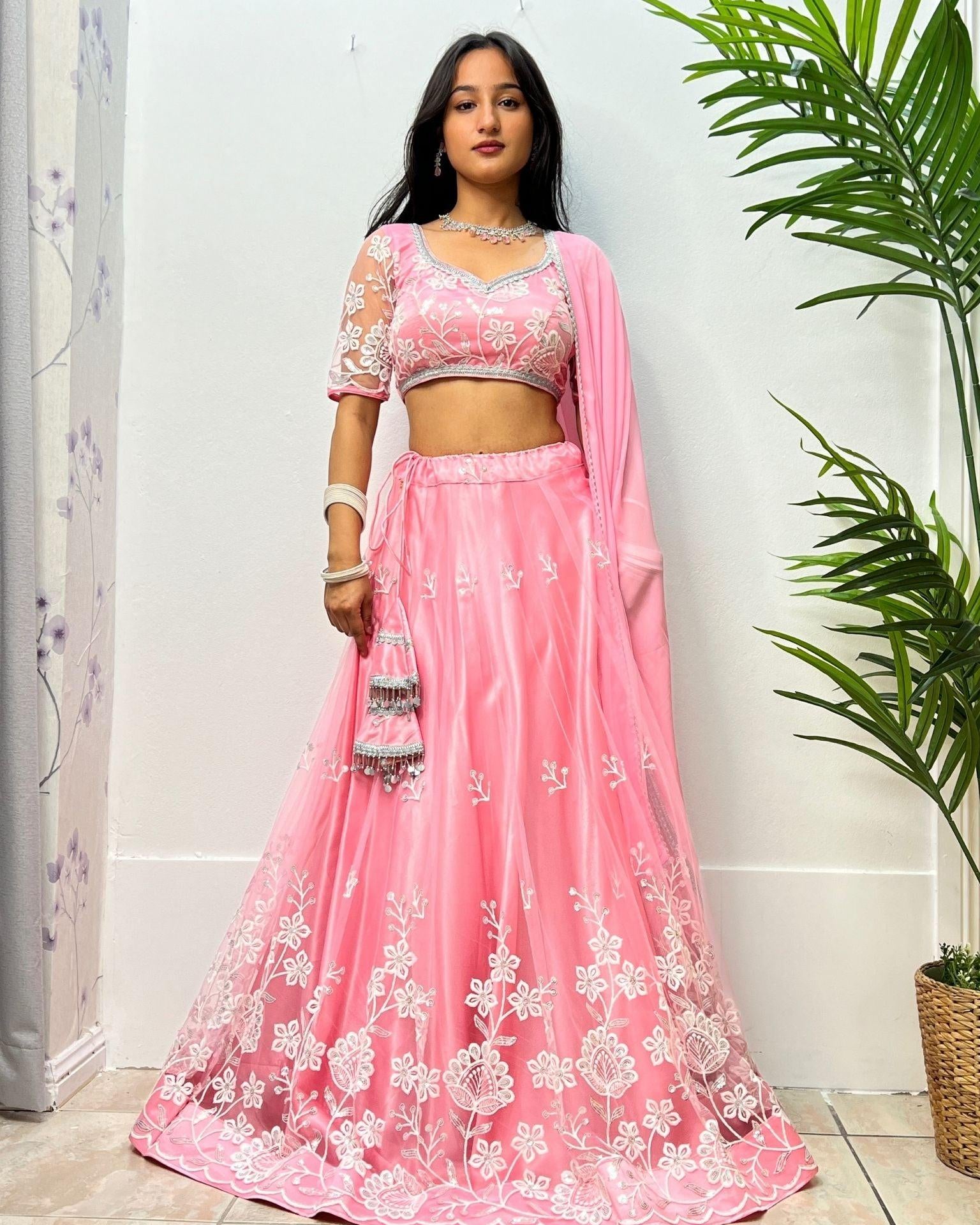 Pink Lehenga Set with White Tread Embroidery - Boutique Nepal