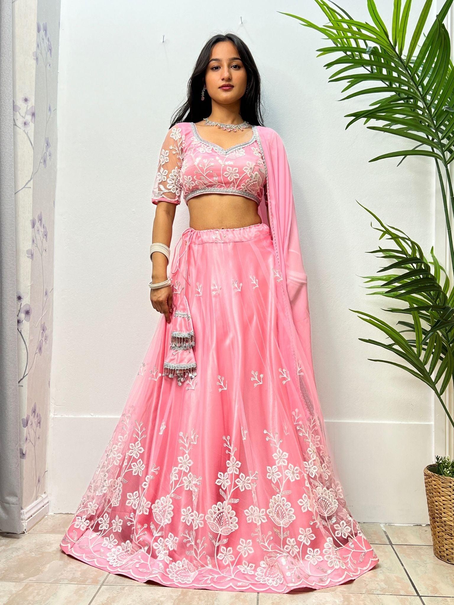 Pink Lehenga Set with White Tread Embroidery - Boutique Nepal