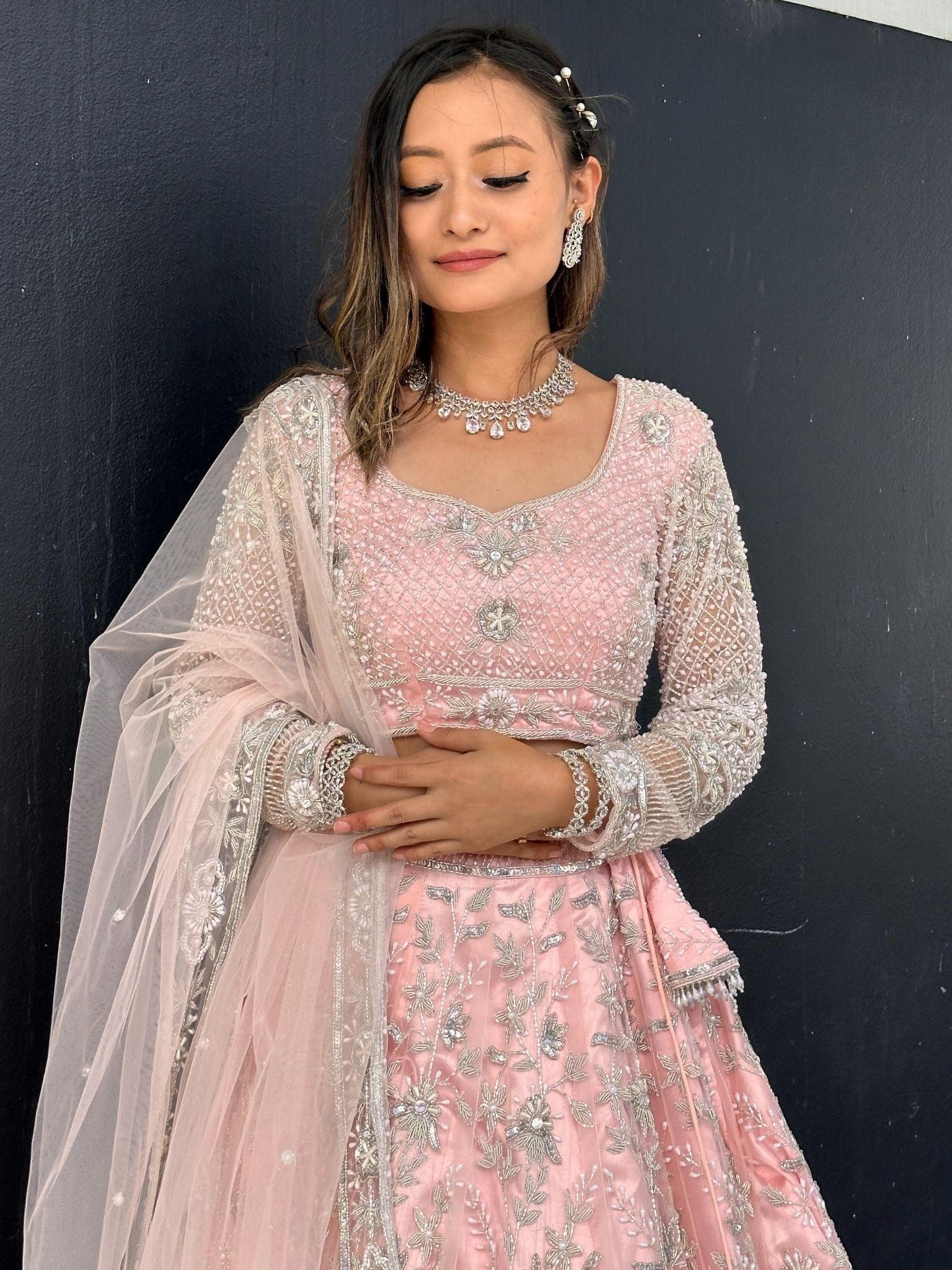 Pink Rhinestone and Sitara Embroidered Bridal Lehenga Choli Set - Boutique Nepal