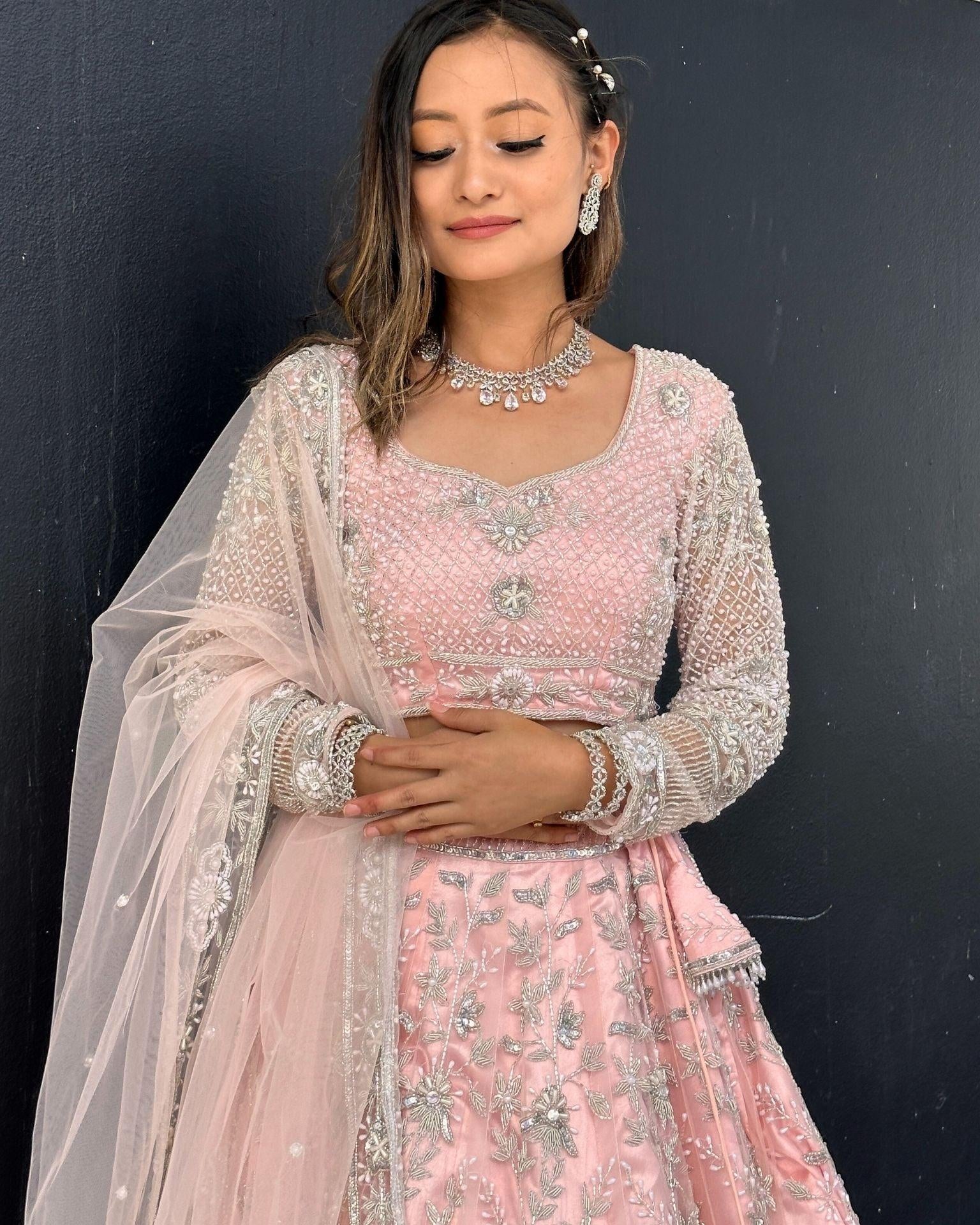 Pink Rhinestone and Sitara Embroidered Bridal Lehenga Choli Set - Boutique Nepal