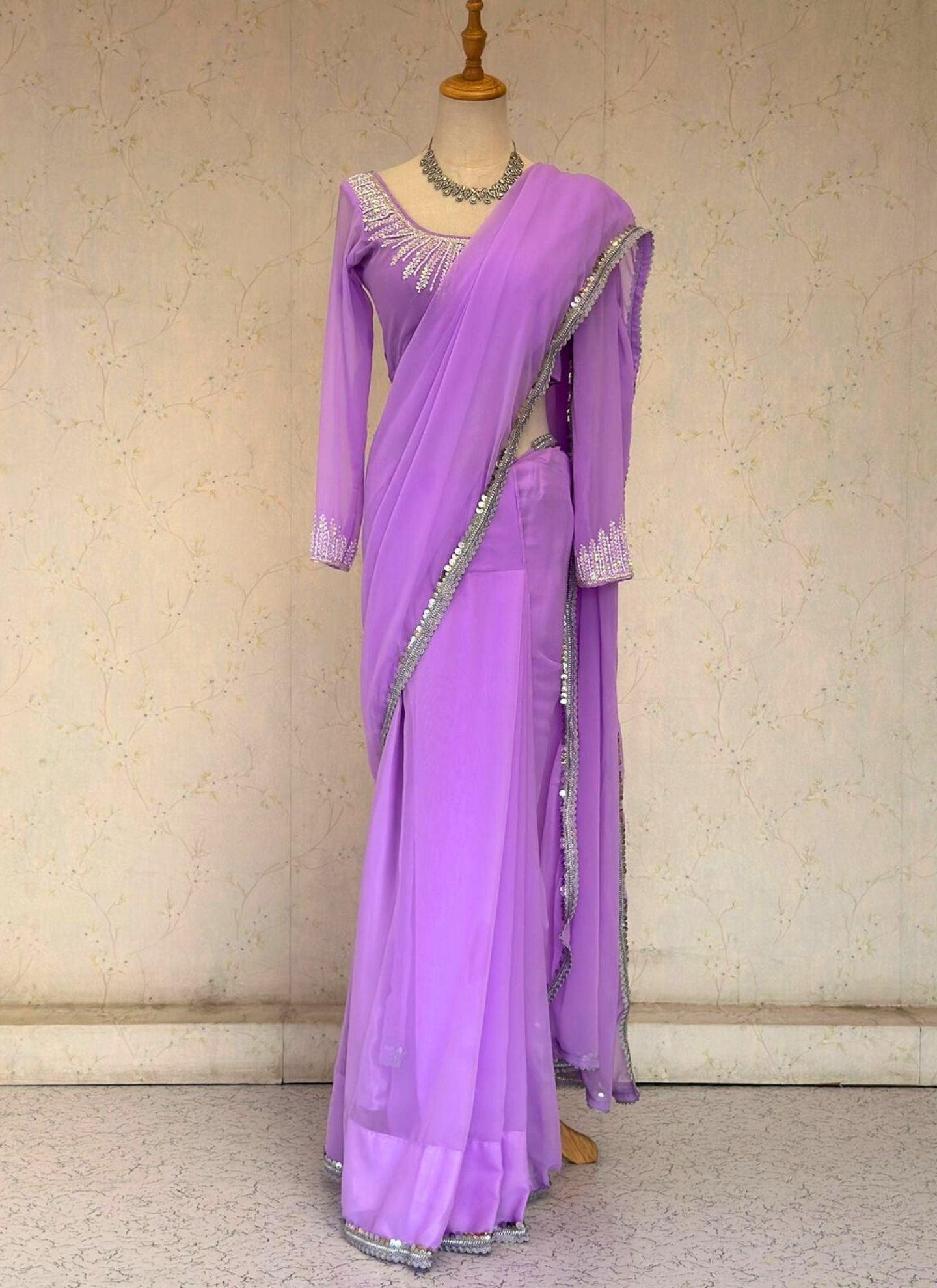 Pre pleated Lavender Georgette Saree With Silver Border and handwork blouse - Boutique Nepal