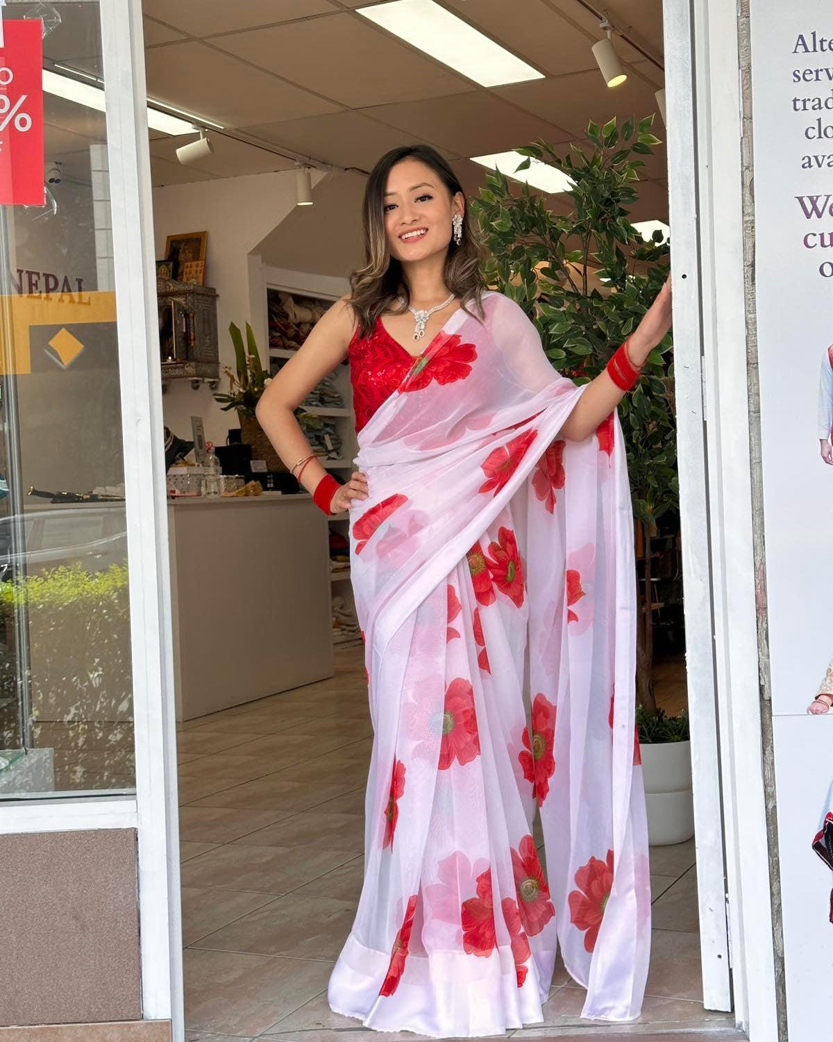Pre Pleated Saree White - Boutique Nepal