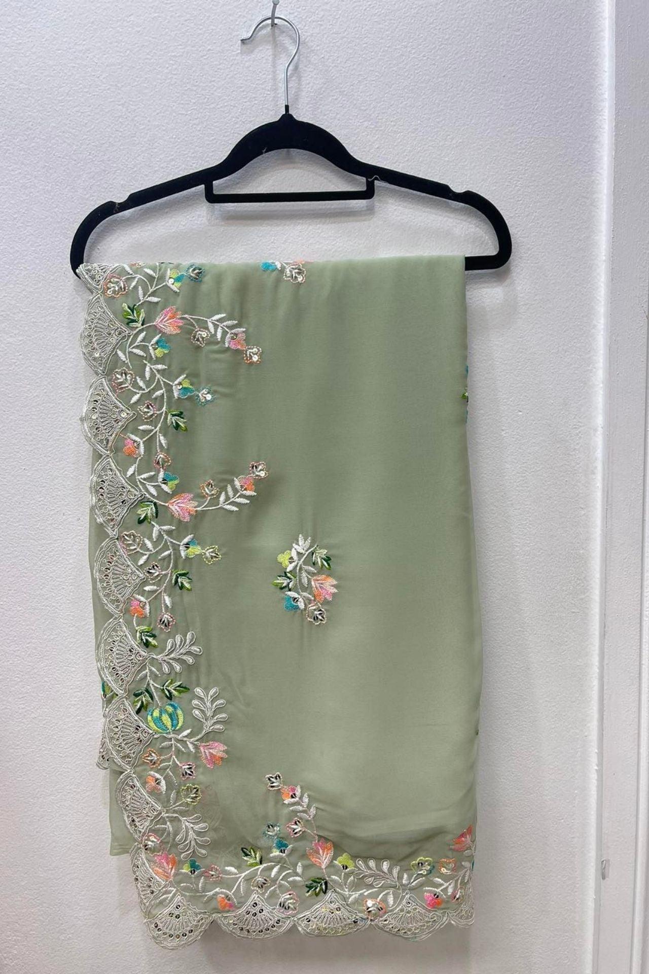 Pure Chiffon Saree Multi Color Thread Work - Boutique Nepal