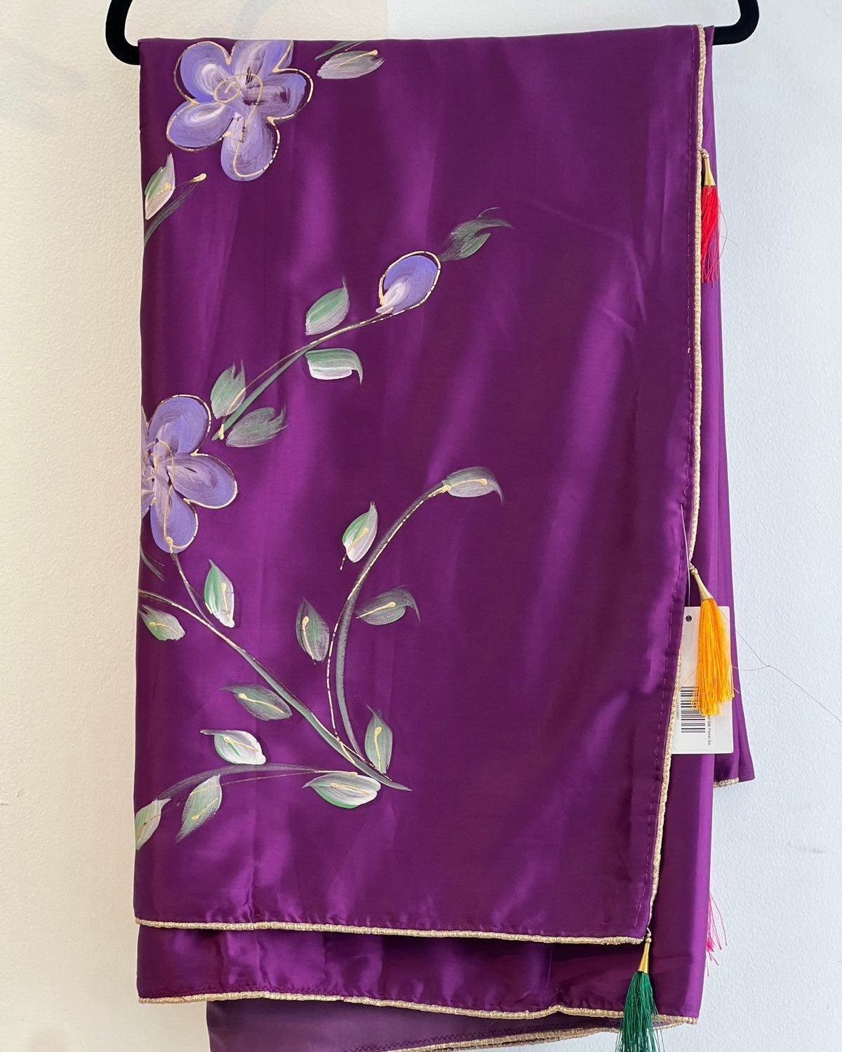 Purple Red Simple Painted Silk Floral Saree - Boutique Nepal