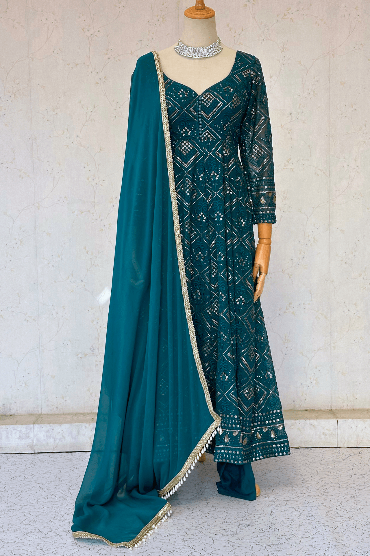 Rama Green Gold Embellished Anarkali Set - Boutique Nepal