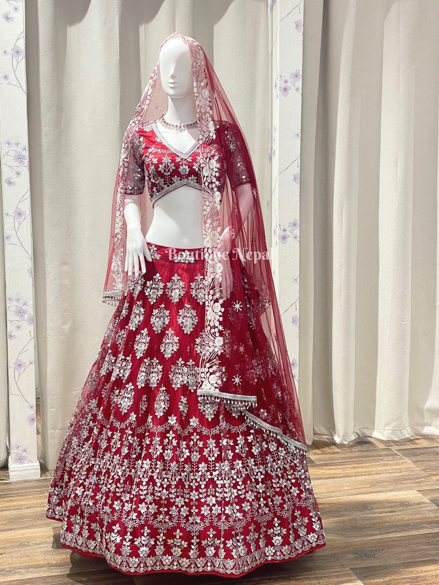 Buy Red Lehenga And Blouse Raw Silk Embroidery V Neck Mirror Bridal Set For  Women by Aayushi Maniar Online at Aza Fashions.